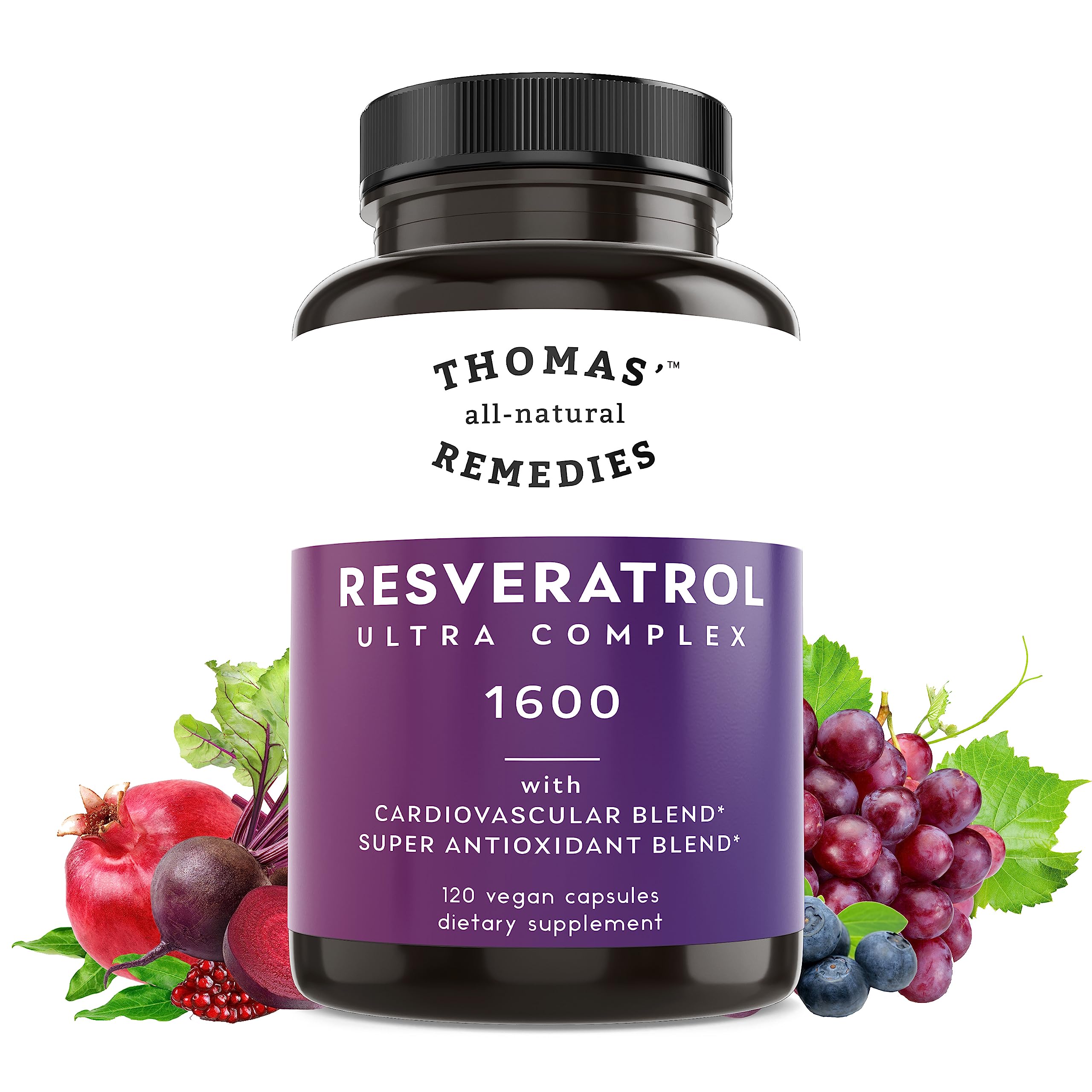 Thomas' Resveratrol Plus capsules displayed on a kitchen counter