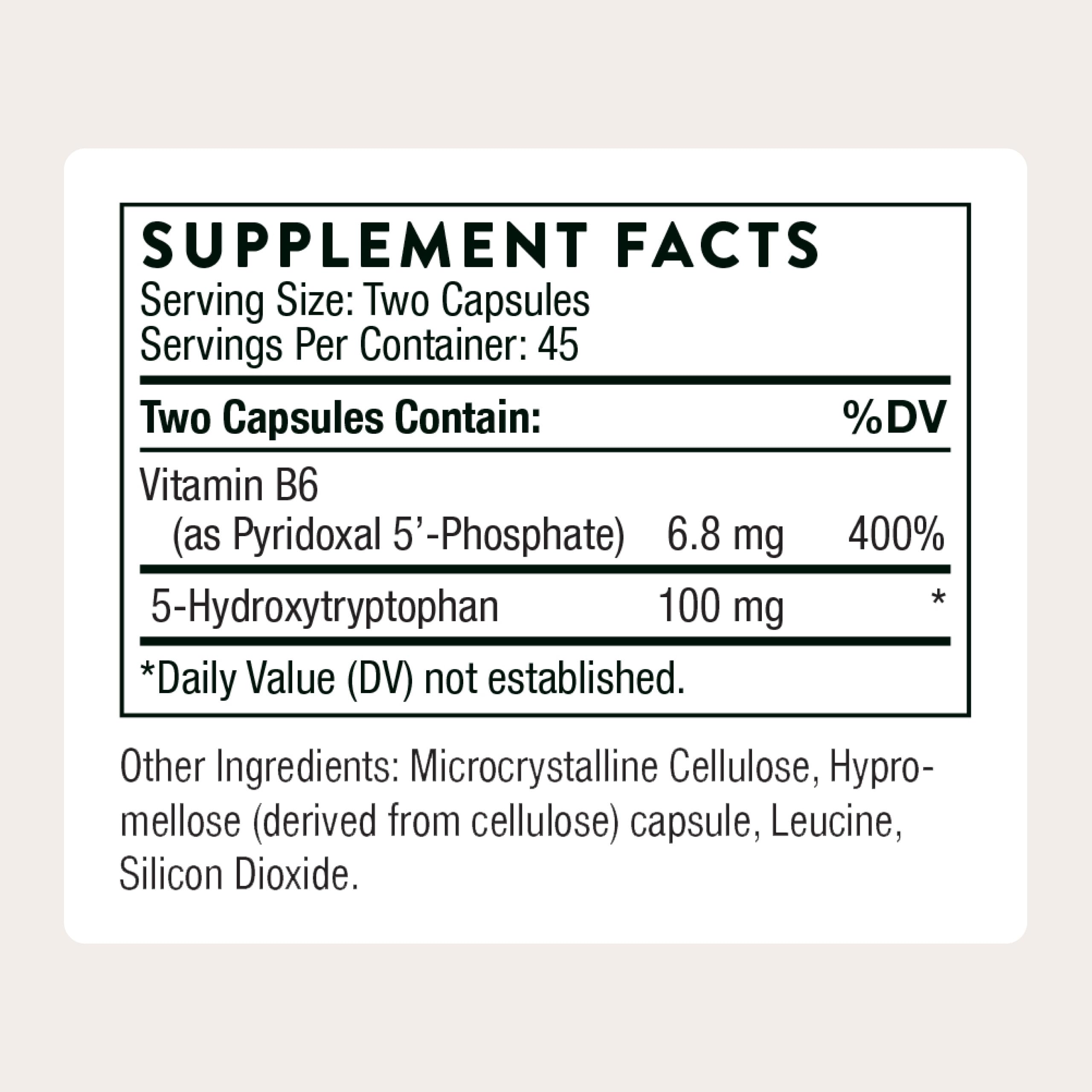 THORNE 5-HTP capsules side view showing dosage details