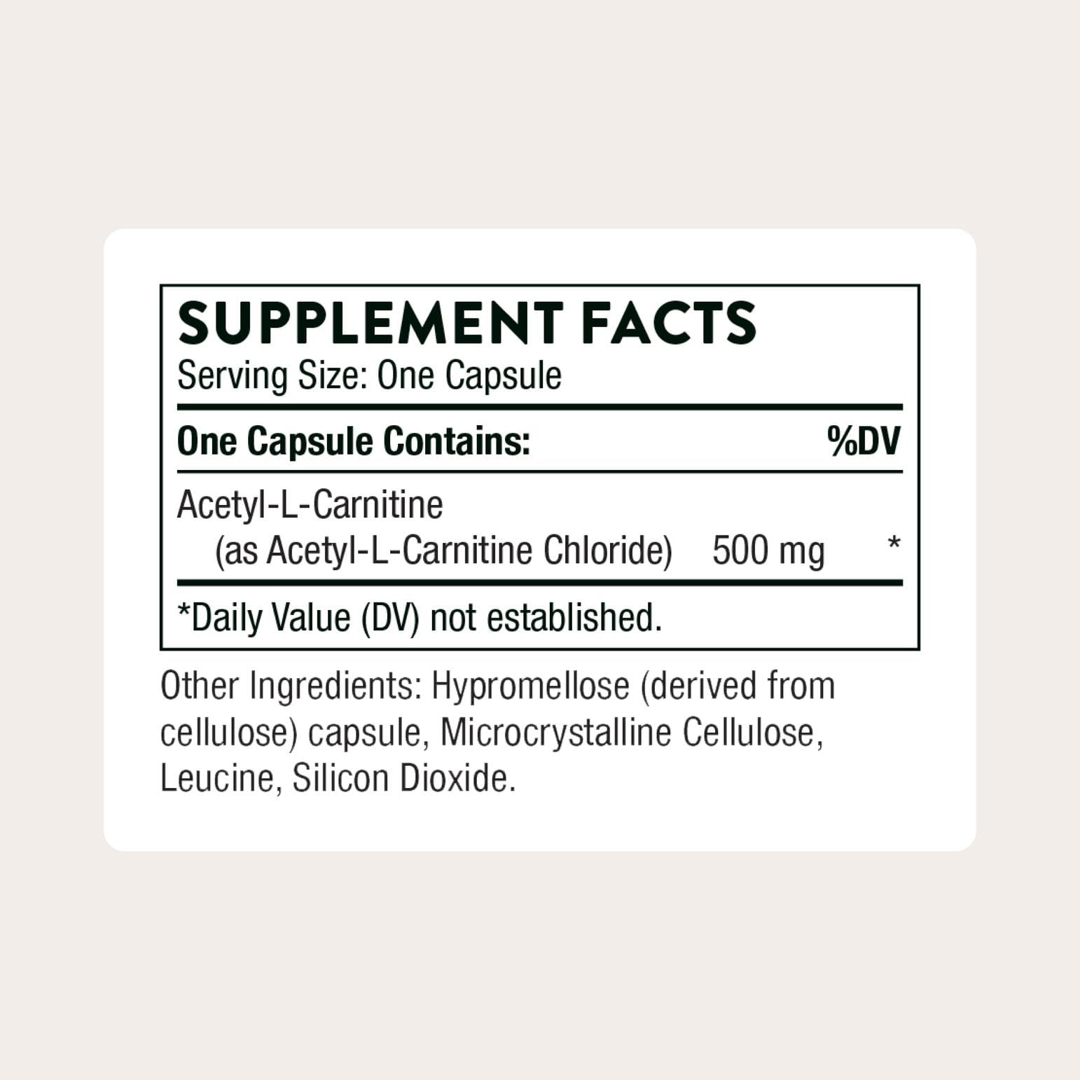 THORNE Acetyl-L-Carnitine 500mg Capsules side view