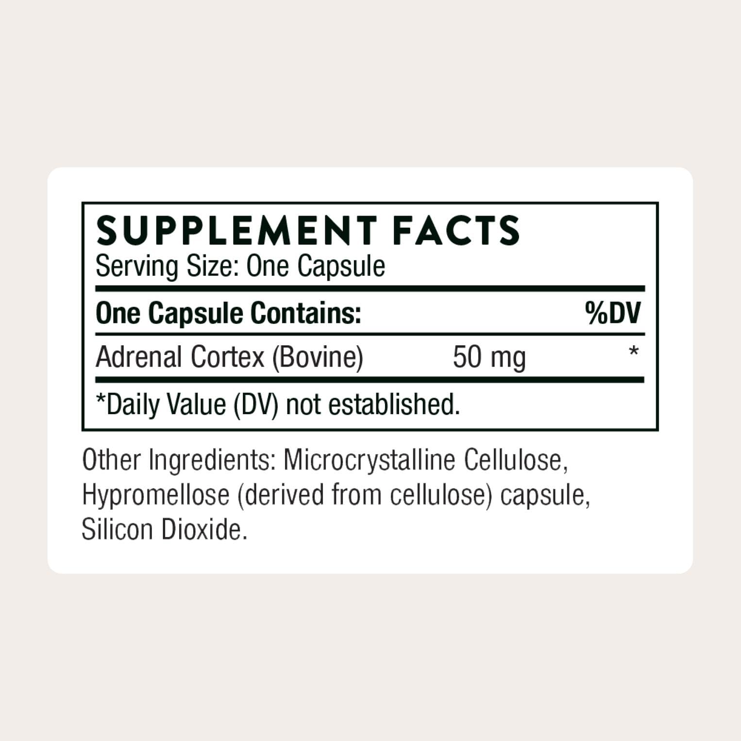 THORNE Adrenal Extracts 50mg capsule bottle side view