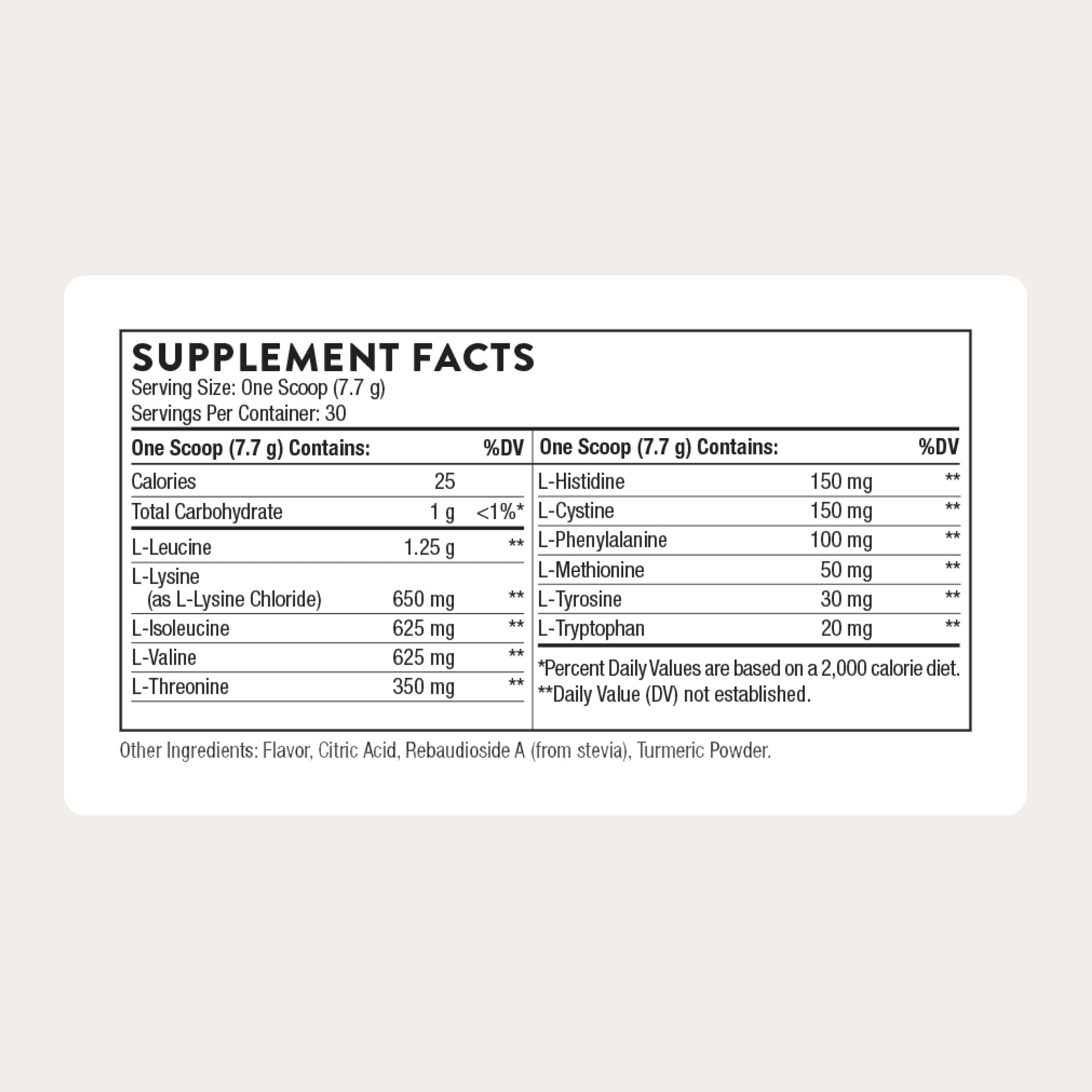 THORNE BCAAs Powder 200g side view showing nutritional information