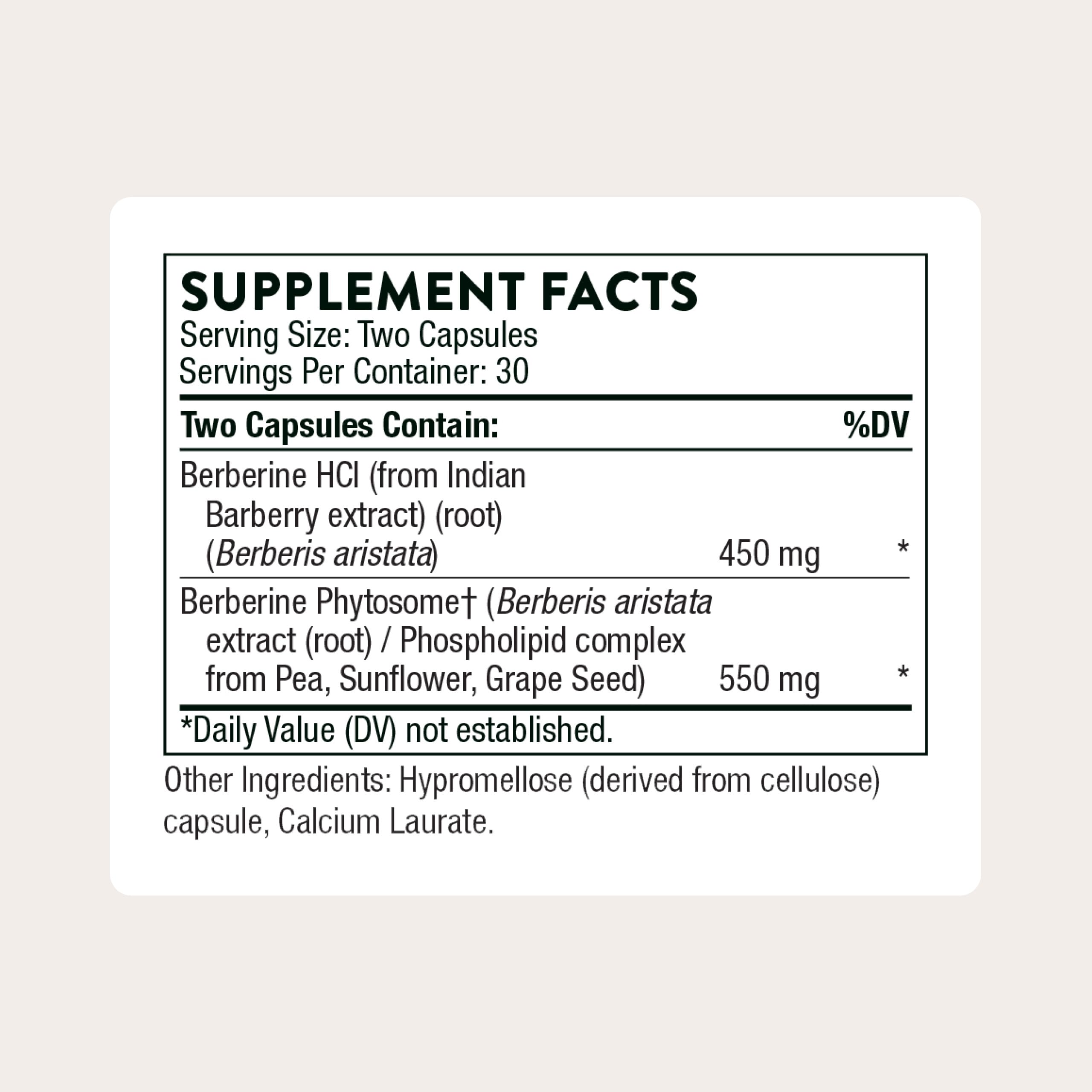 THORNE Berberine Capsules 450mg side view showing label details