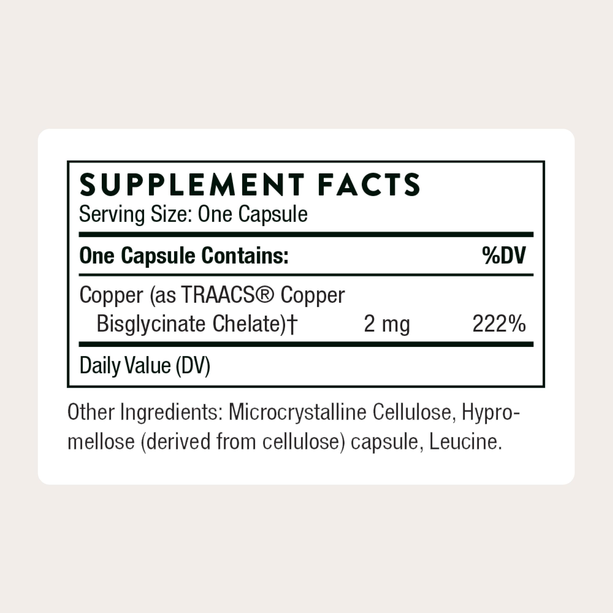 THORNE Copper Trace Mineral Supplement 2mg capsule side view