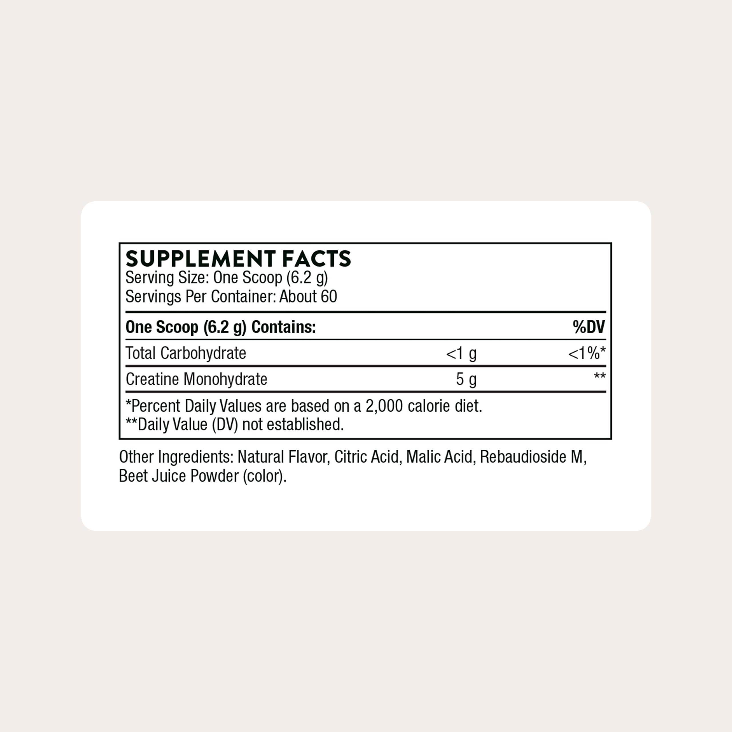 THORNE Creatine Monohydrate 372g back view with nutritional information