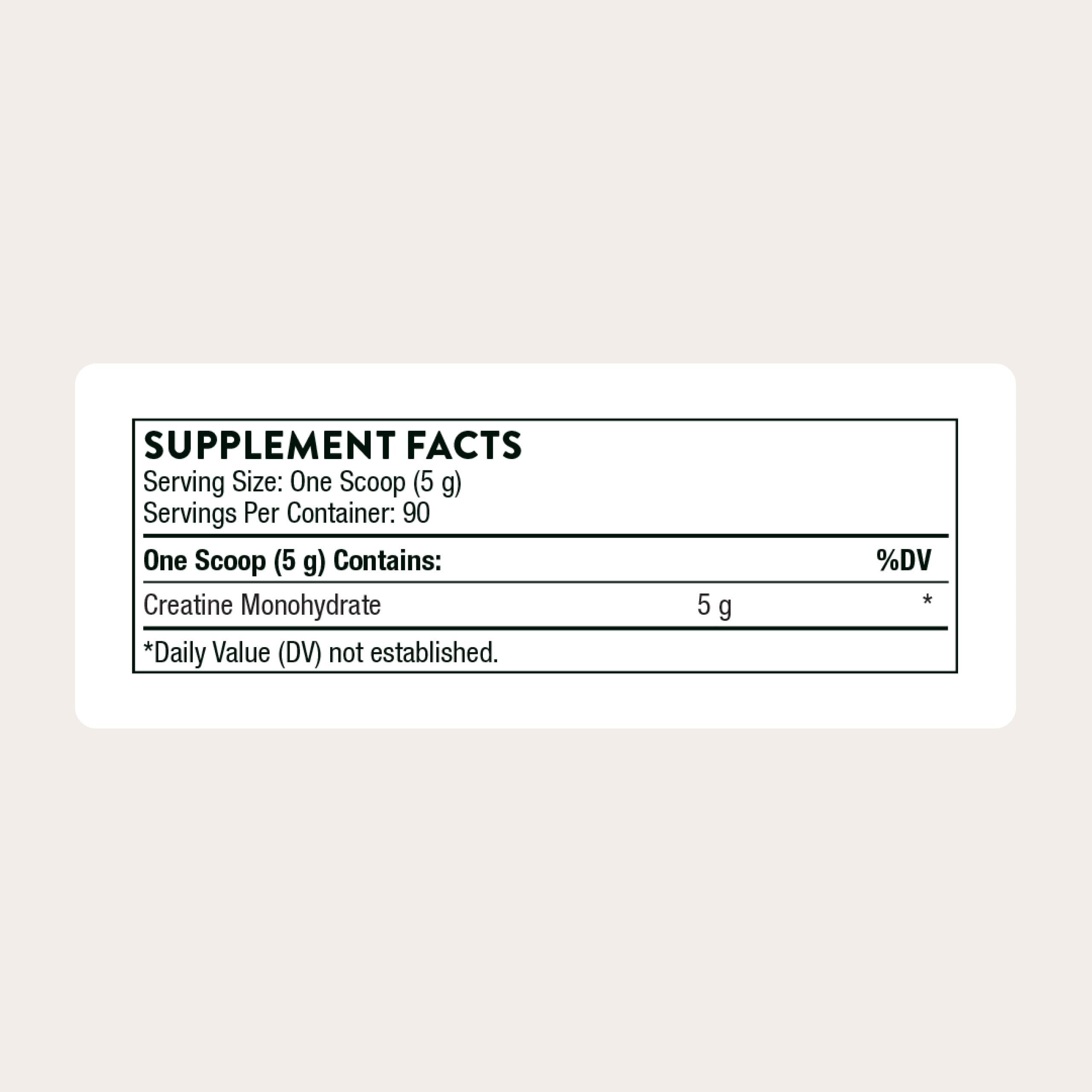 THORNE Creatine Monohydrate Powder 454g back view with nutritional information