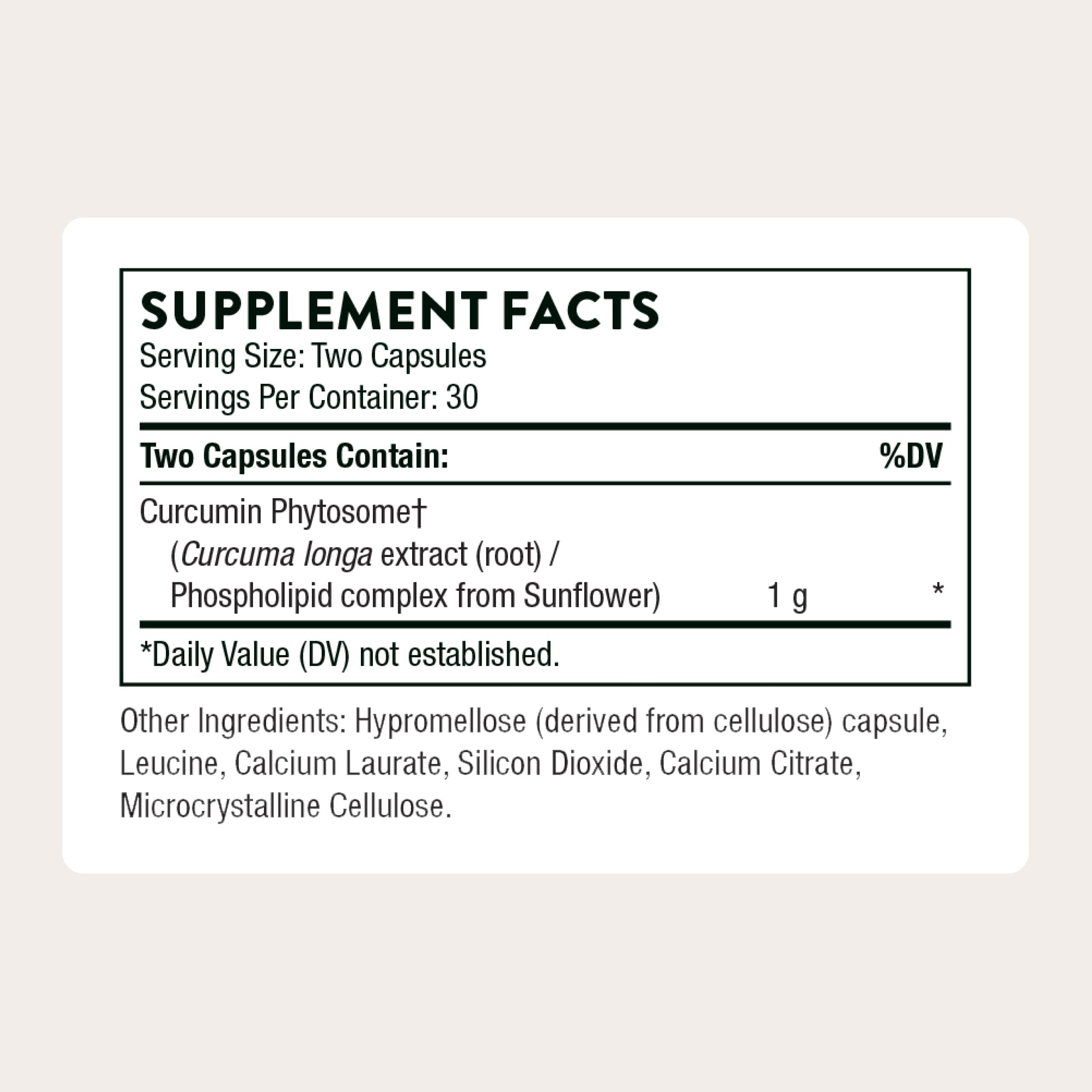 THORNE Curcumin Phytosome Capsules back view showing ingredients