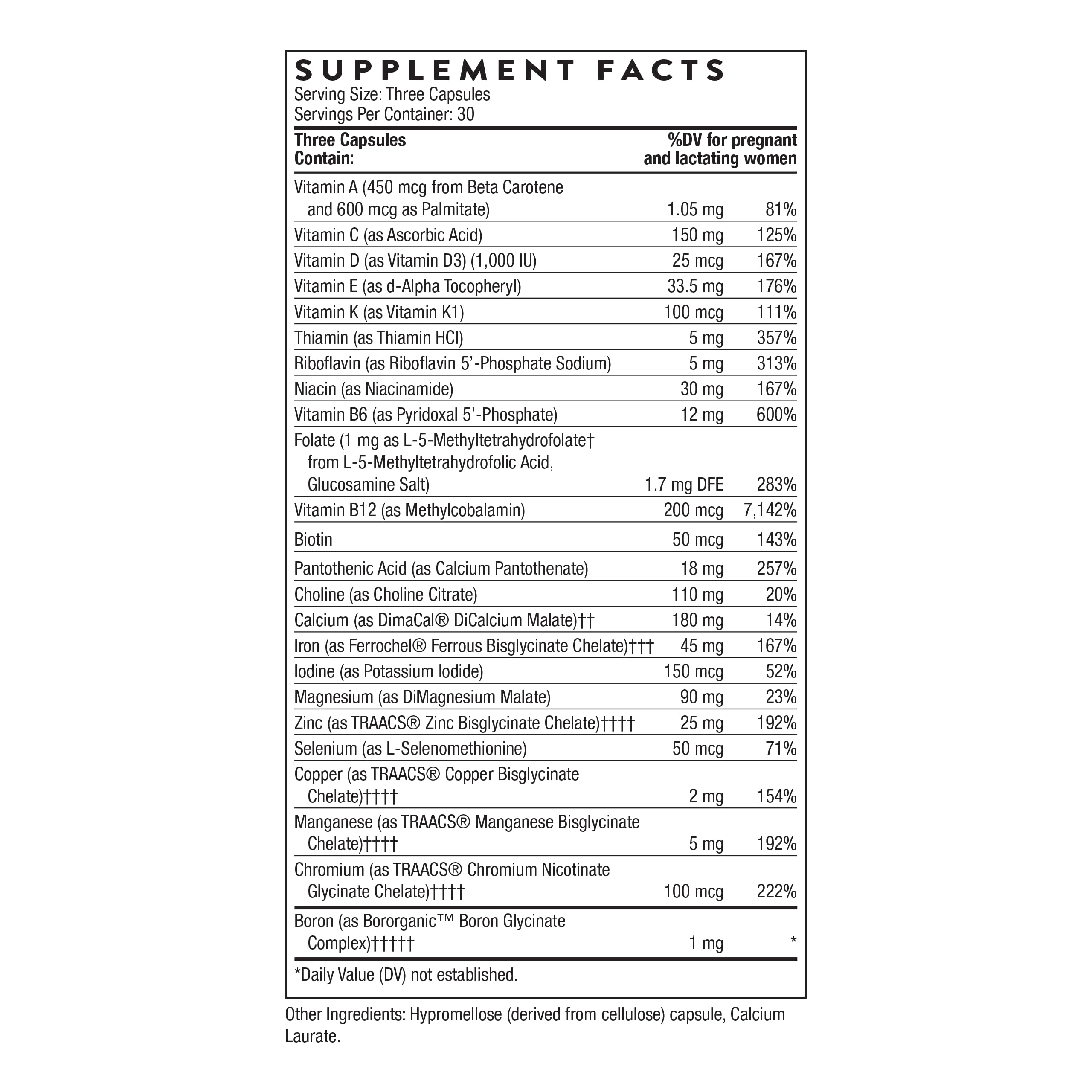 THORNE Prenatal Vitamins 90 Capsules side view