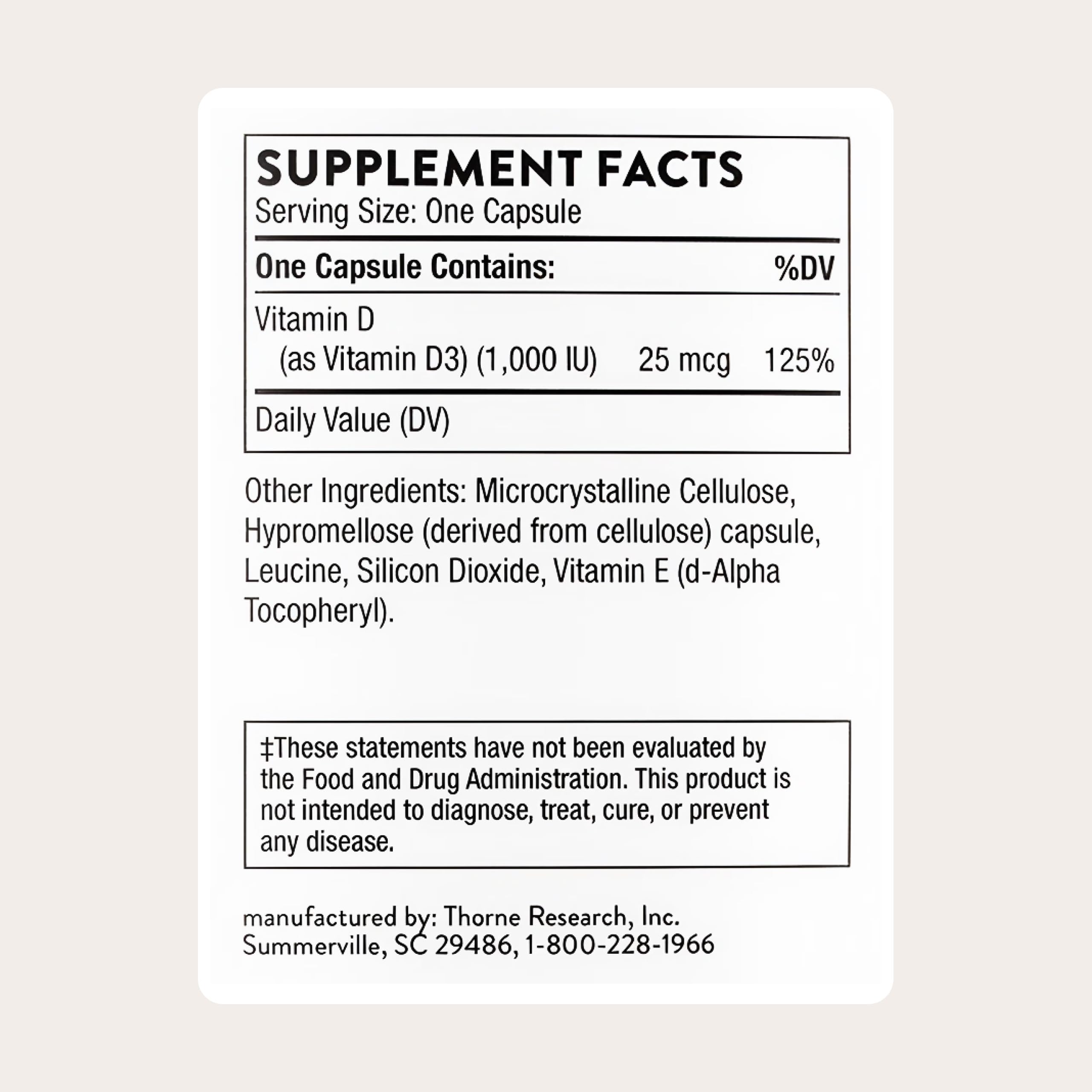 THORNE Vitamin D3 1000 IU capsule bottle side view
