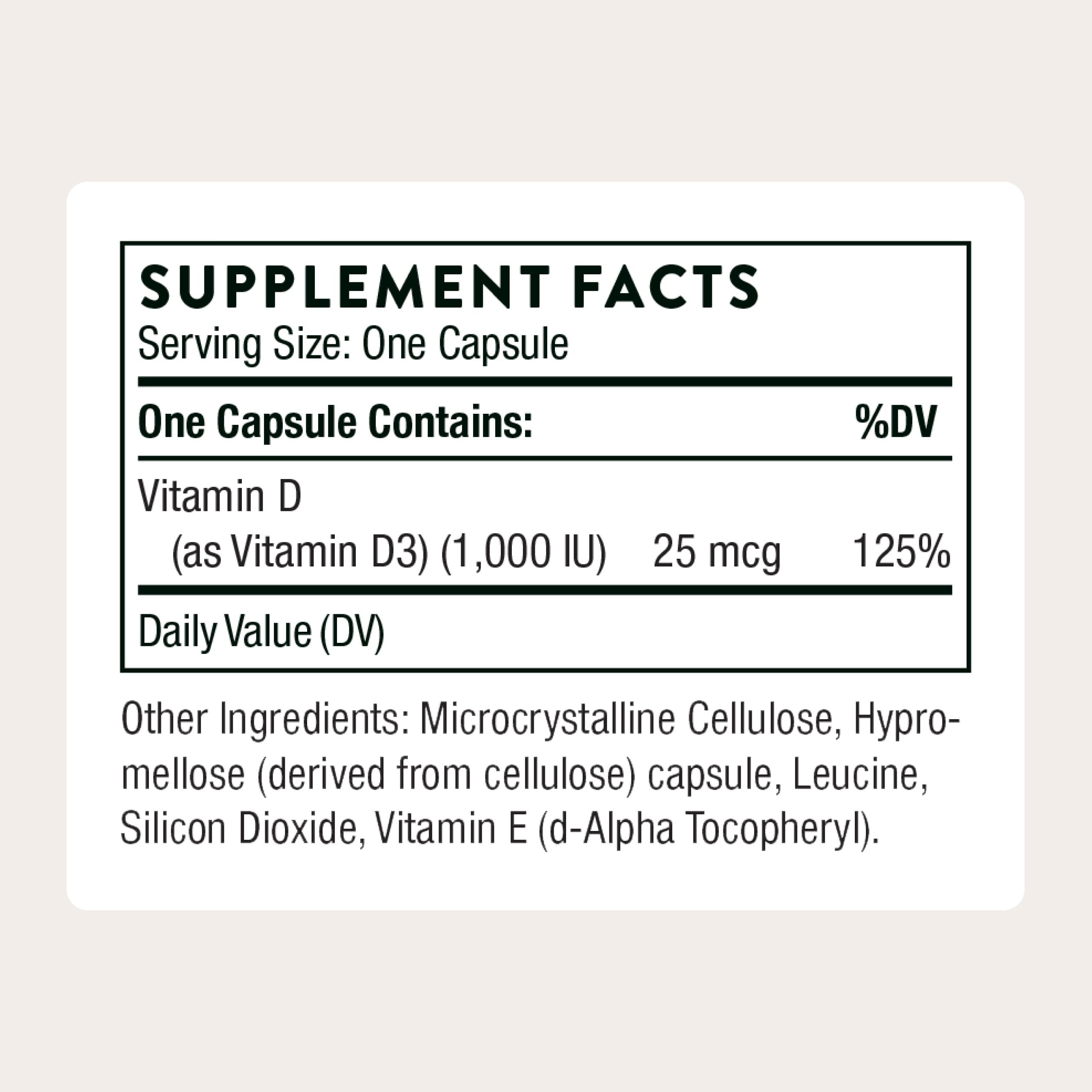 THORNE Vitamin D3 1000 IU capsules side view