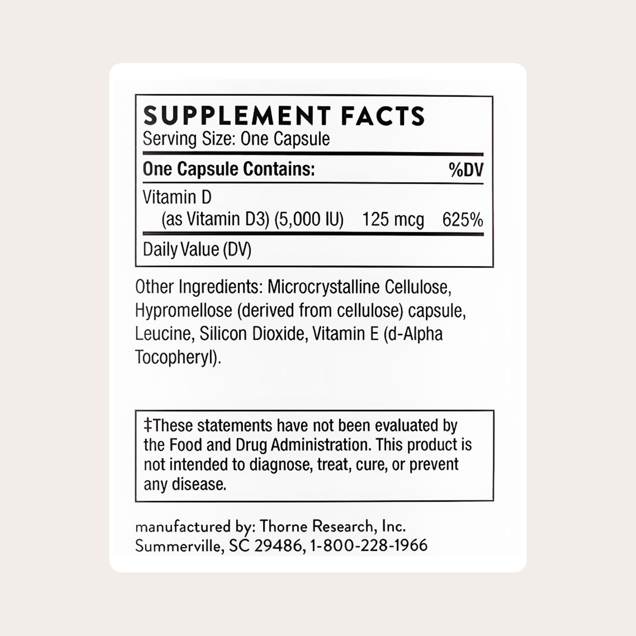 THORNE Vitamin D3 5000 IU capsules side view