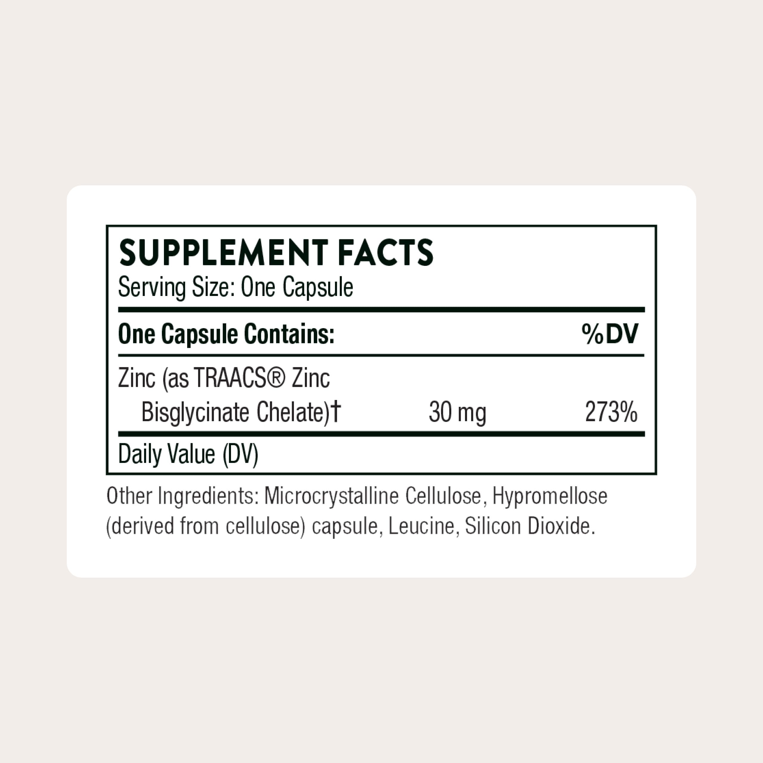 THORNE Zinc Bisglycinate Capsules 30 mg side view