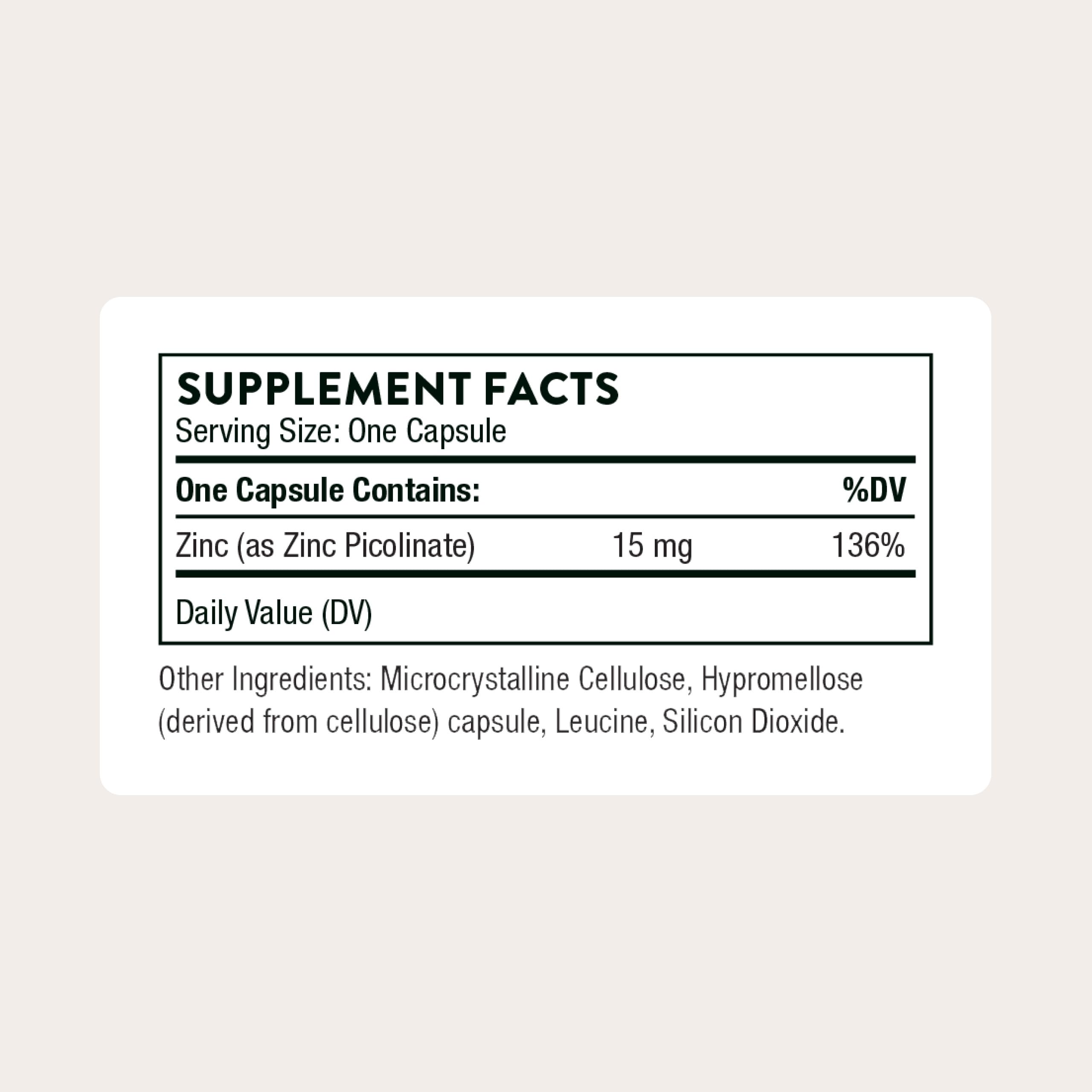 THORNE Zinc Picolinate 15mg supplement side view