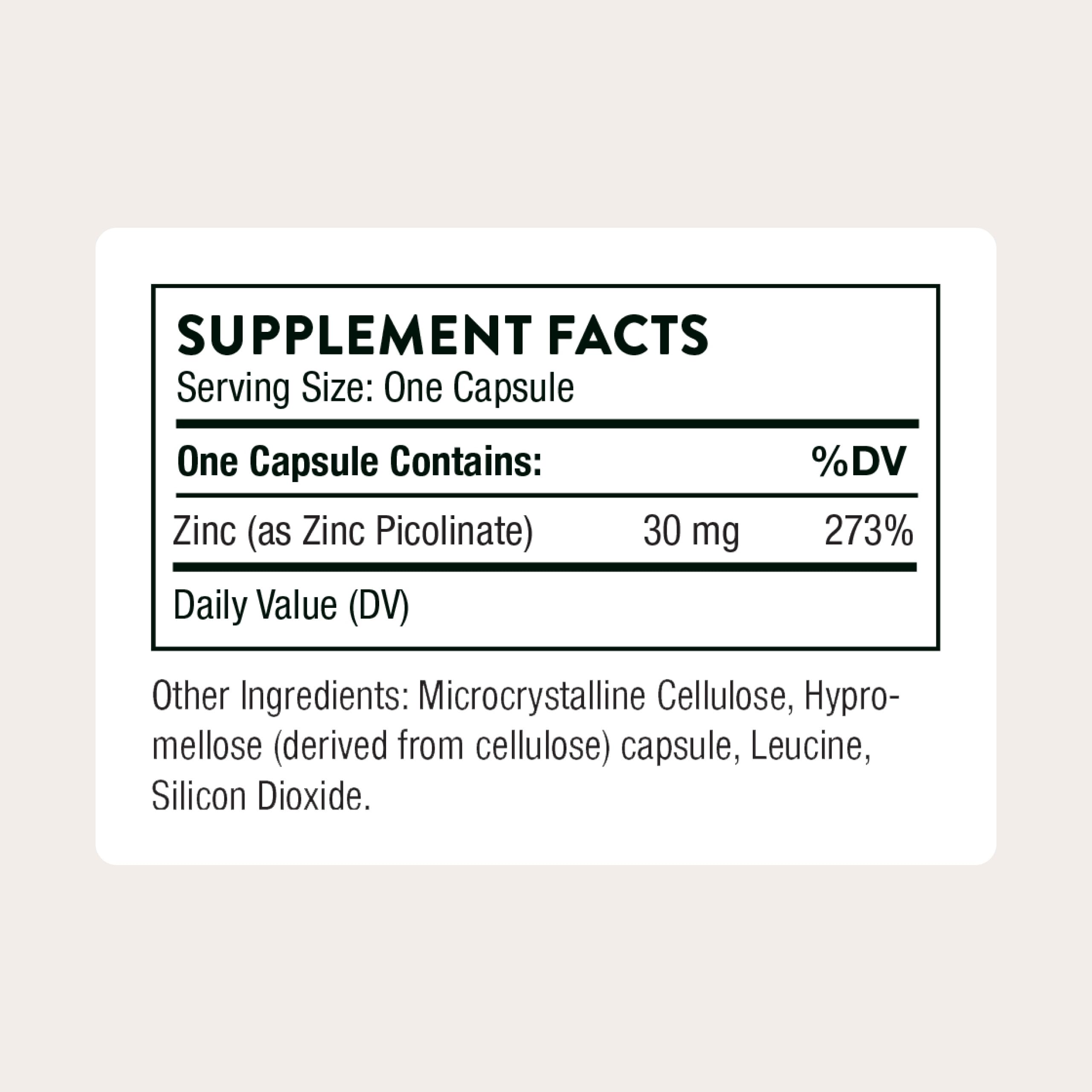 THORNE Zinc Picolinate Capsules 30 mg side view