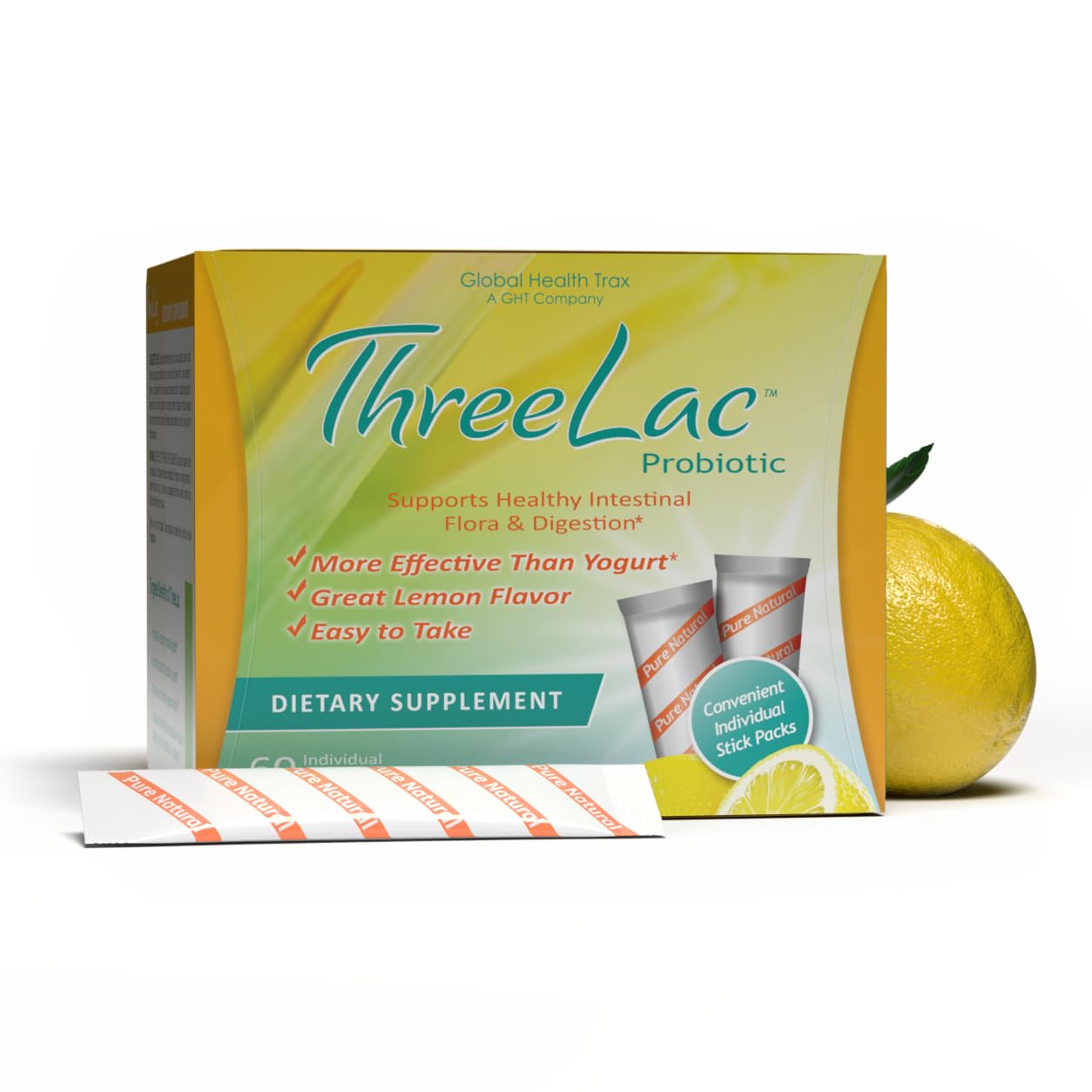 ThreeLac Probiotic Drink Mix by ght Global Health Trax front view with packaging