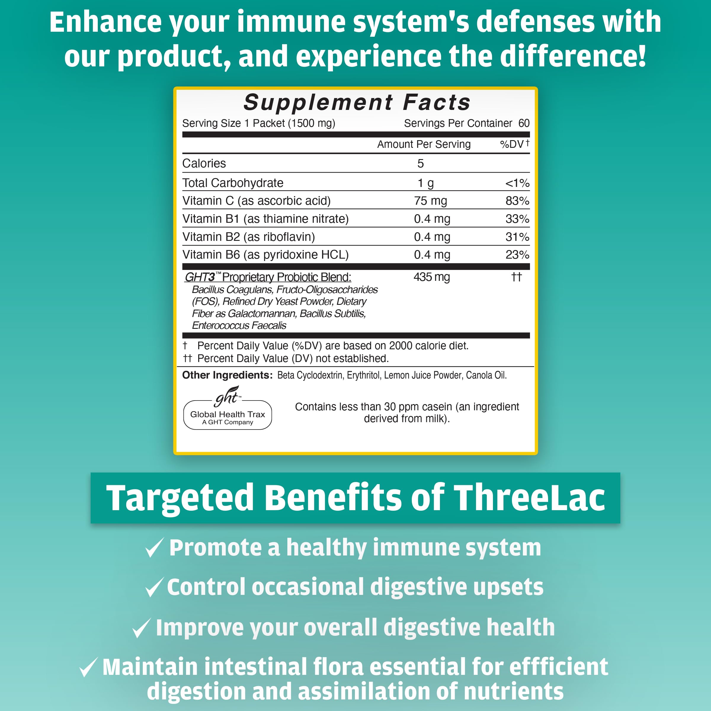 ThreeLac Probiotic Drink Mix lemon-flavoured powder in a glass