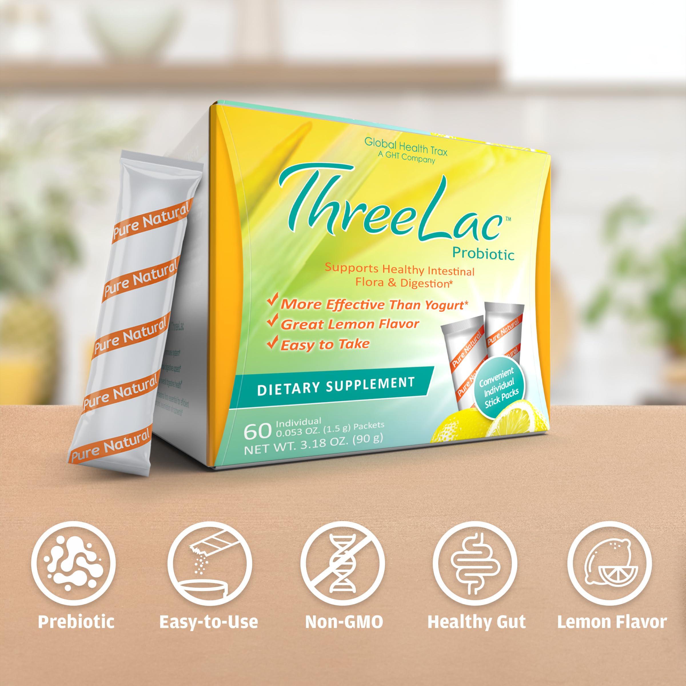 ThreeLac Probiotic Drink Mix packet with ingredients list