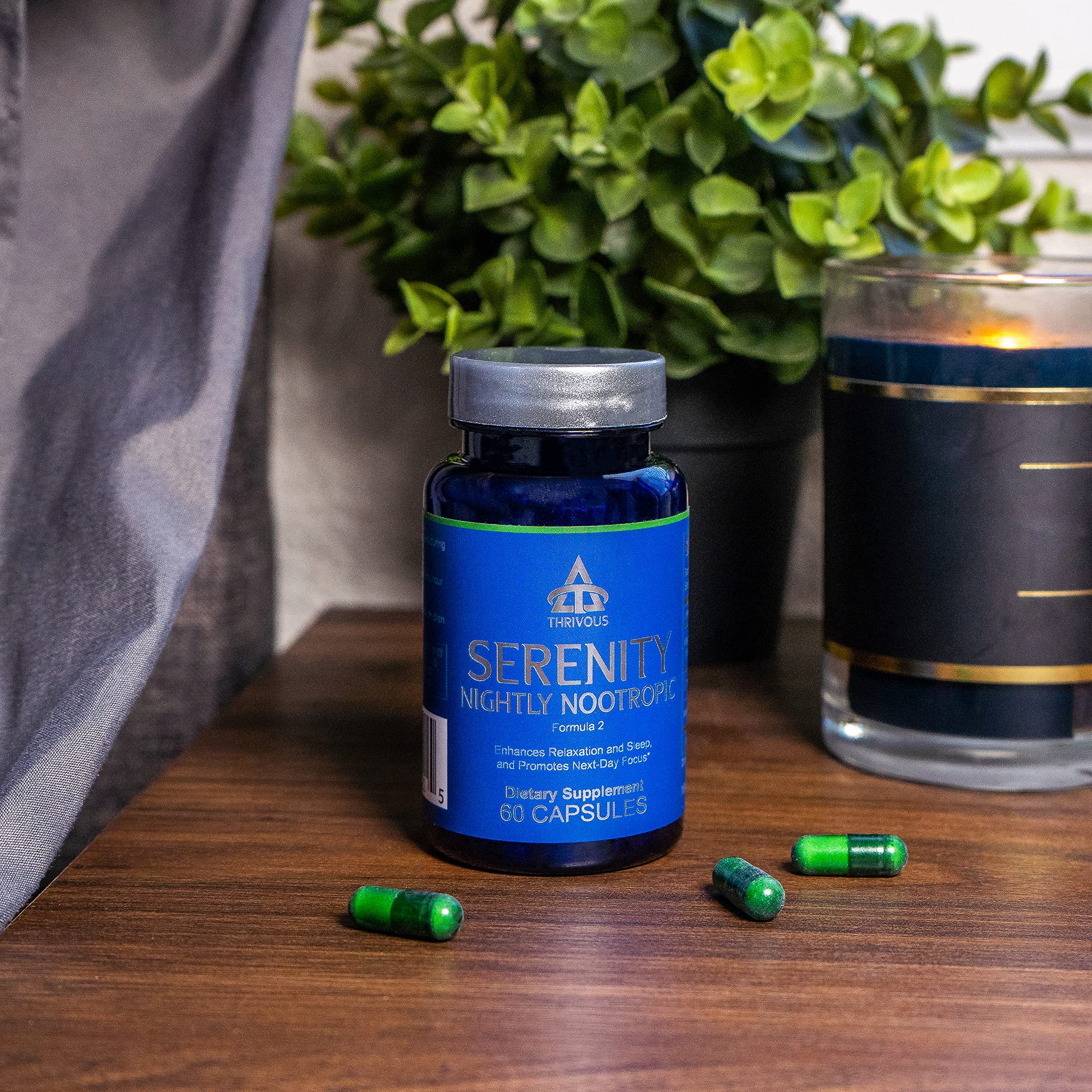Thrivous Serenity Nightly Nootropic lifestyle scene with a book