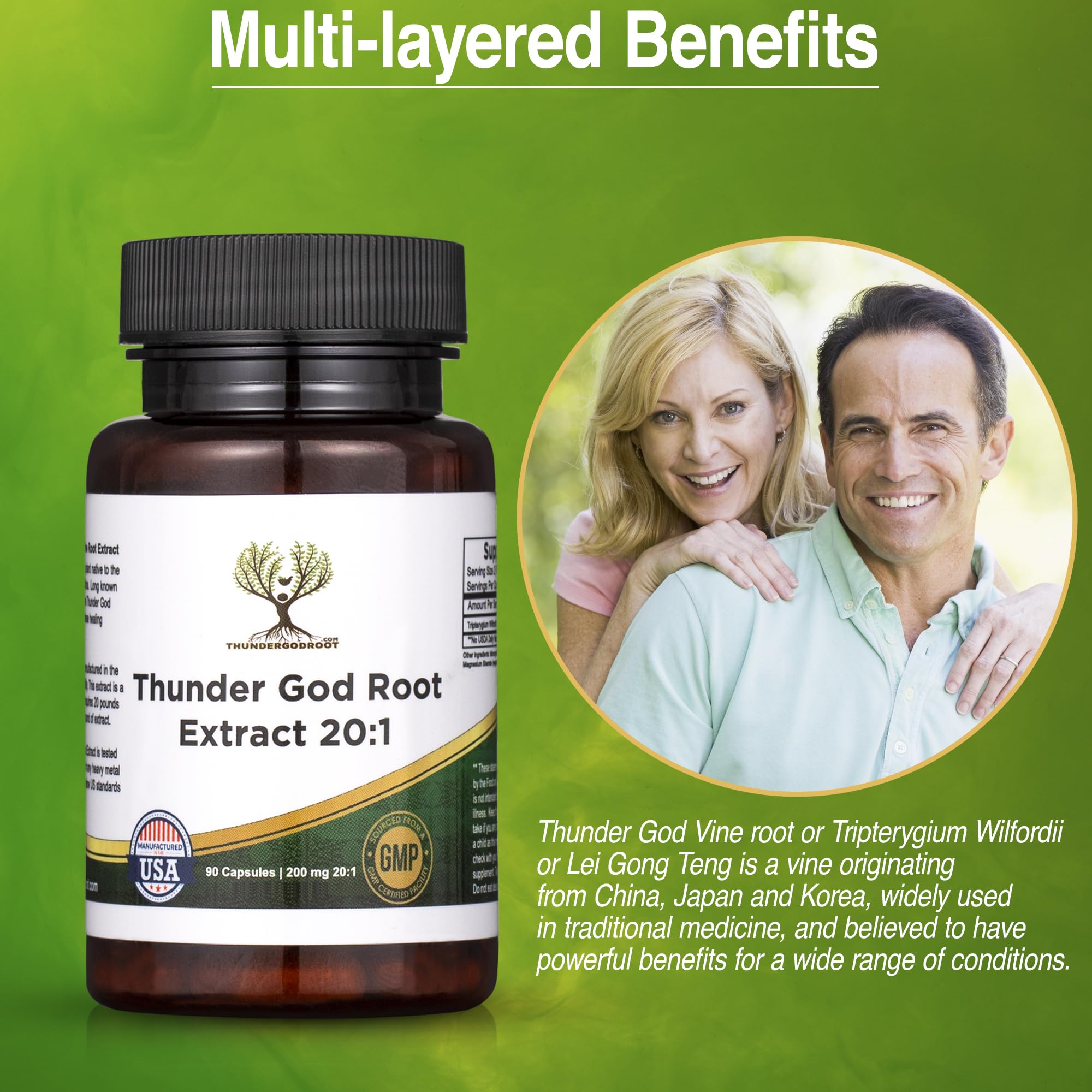 Thunder God Vine Herbal Supplement capsules on a wooden table