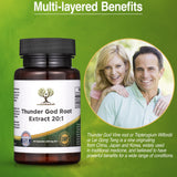 Thunder God Vine Herbal Supplement capsules on a wooden table