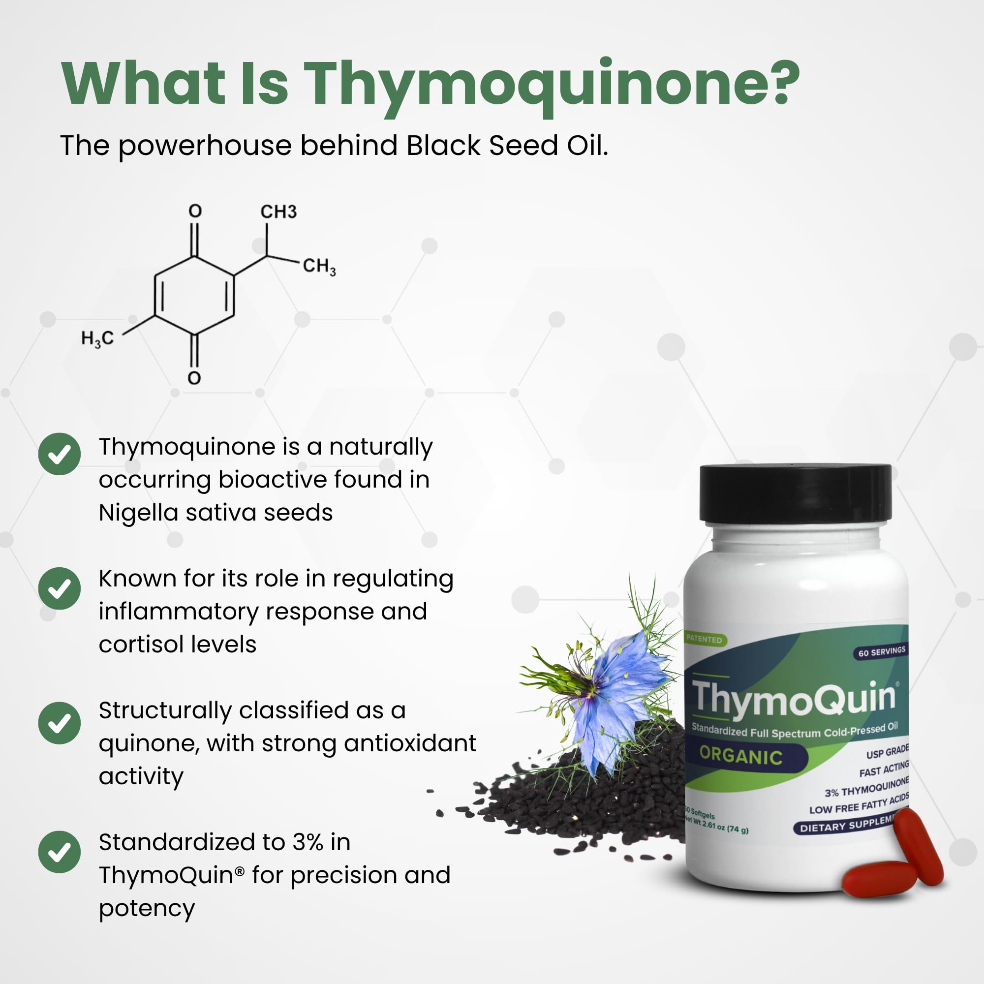 ThymoQuin Black Seed Oil Softgel Capsules in hand for size comparison