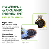 ThymoQuin Black Seed Oil Softgel Capsules showing dosage information