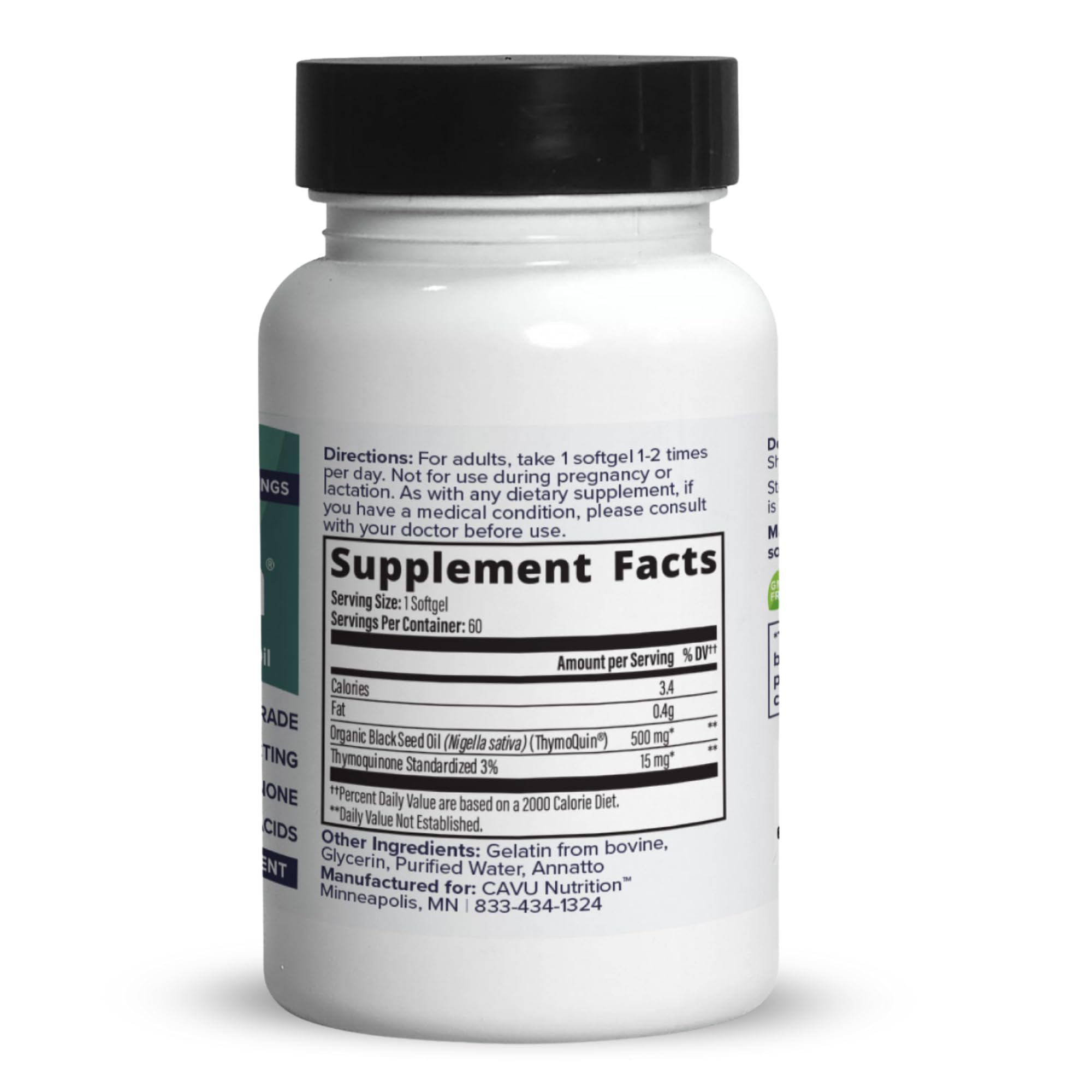 ThymoQuin Black Seed Oil Softgel Capsules side view showing capsule size