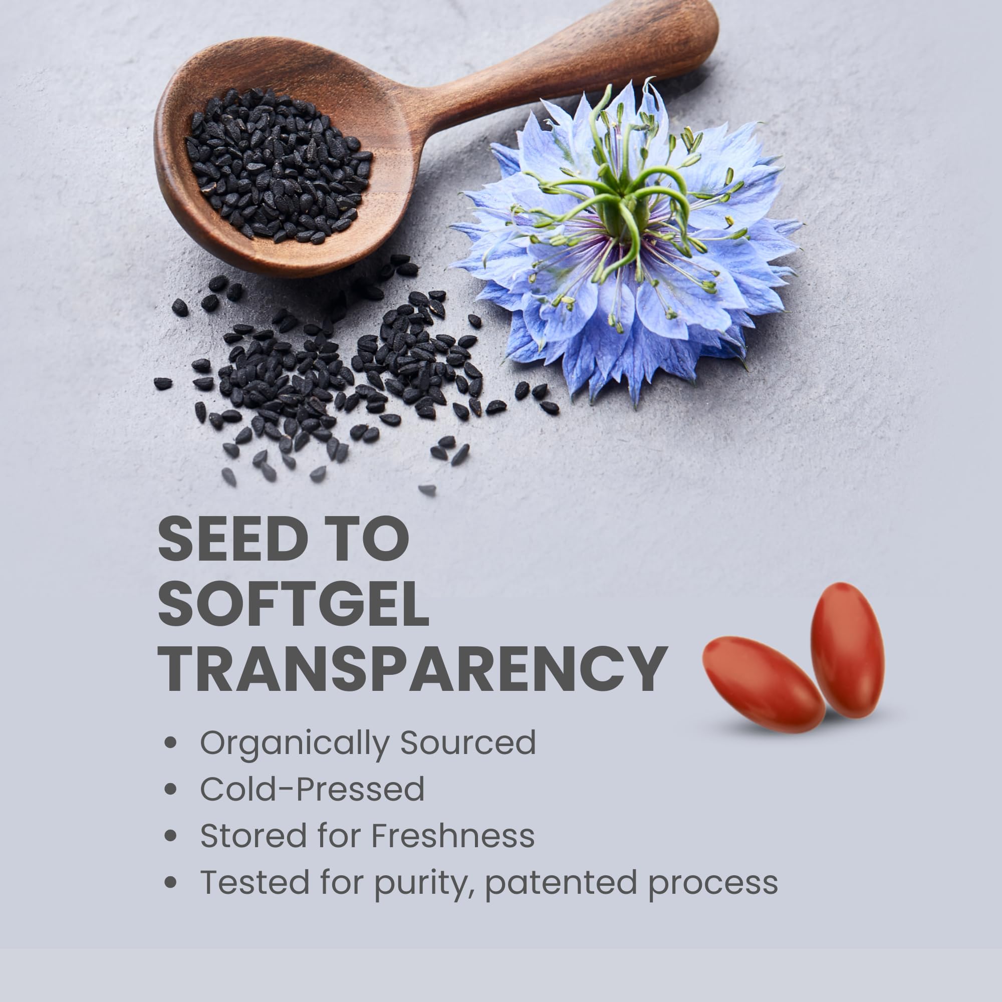 ThymoQuin Black Seed Oil Softgel Capsules with natural background