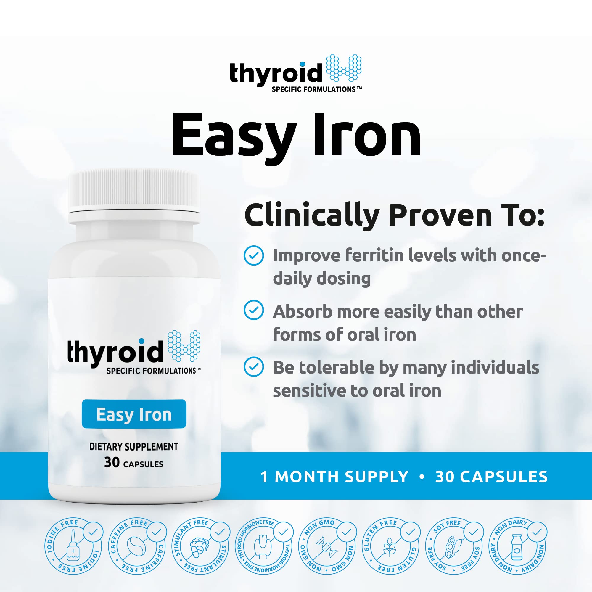 Thyroid Specific Formulations Easy Iron supplement side view with ingredients