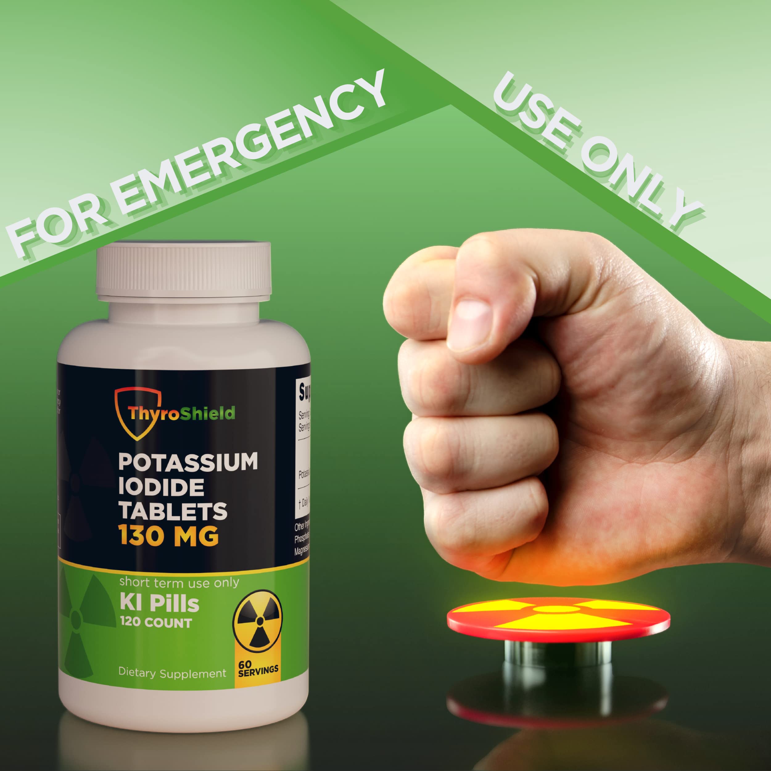 ThyroShield Potassium Iodide Tablets packaging on a wooden table