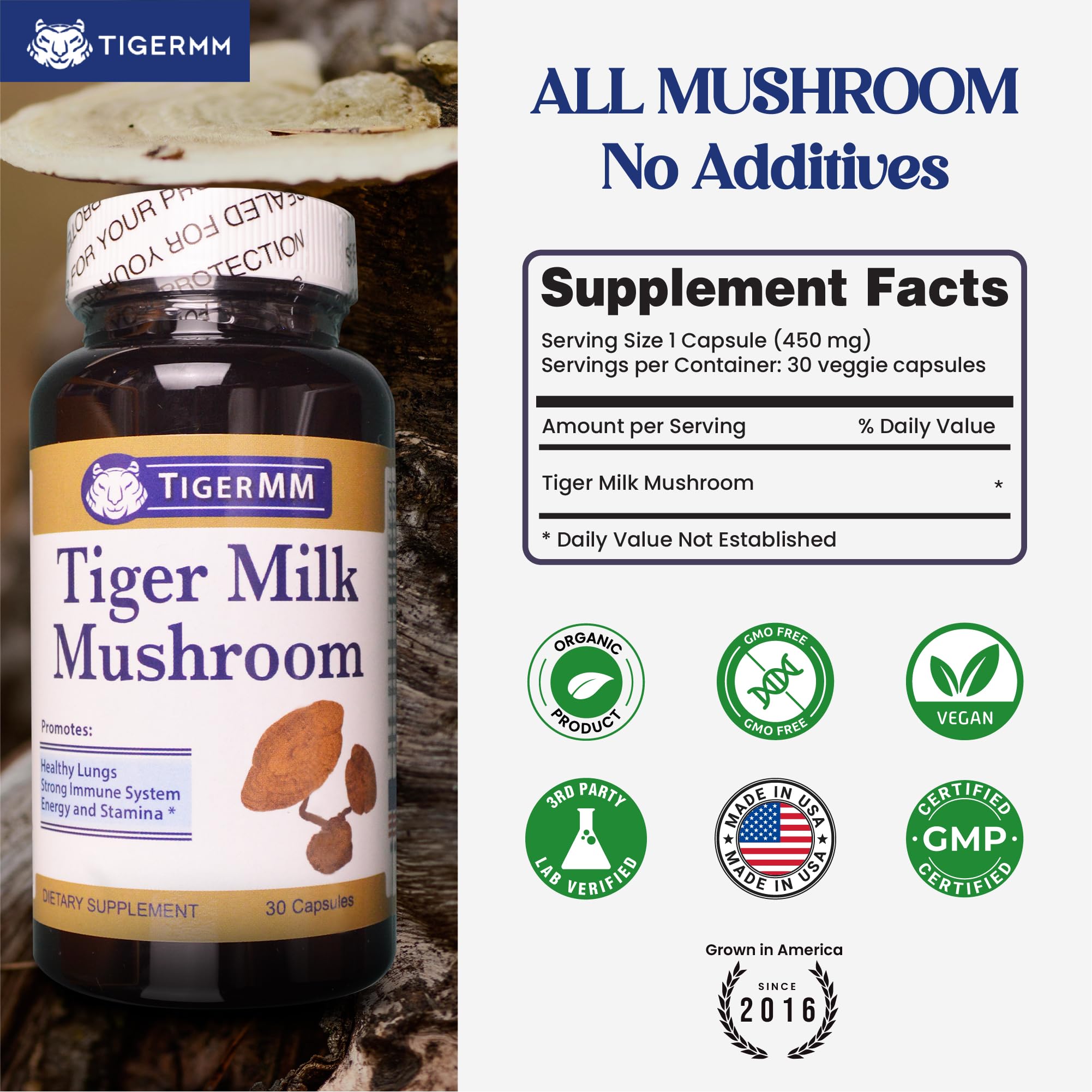 TIGERMM Organic Tiger Milk Mushroom capsules on a wooden table