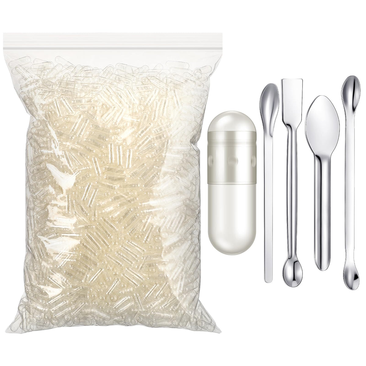 Timgle size 0 empty capsules and lab spoons packaging front view