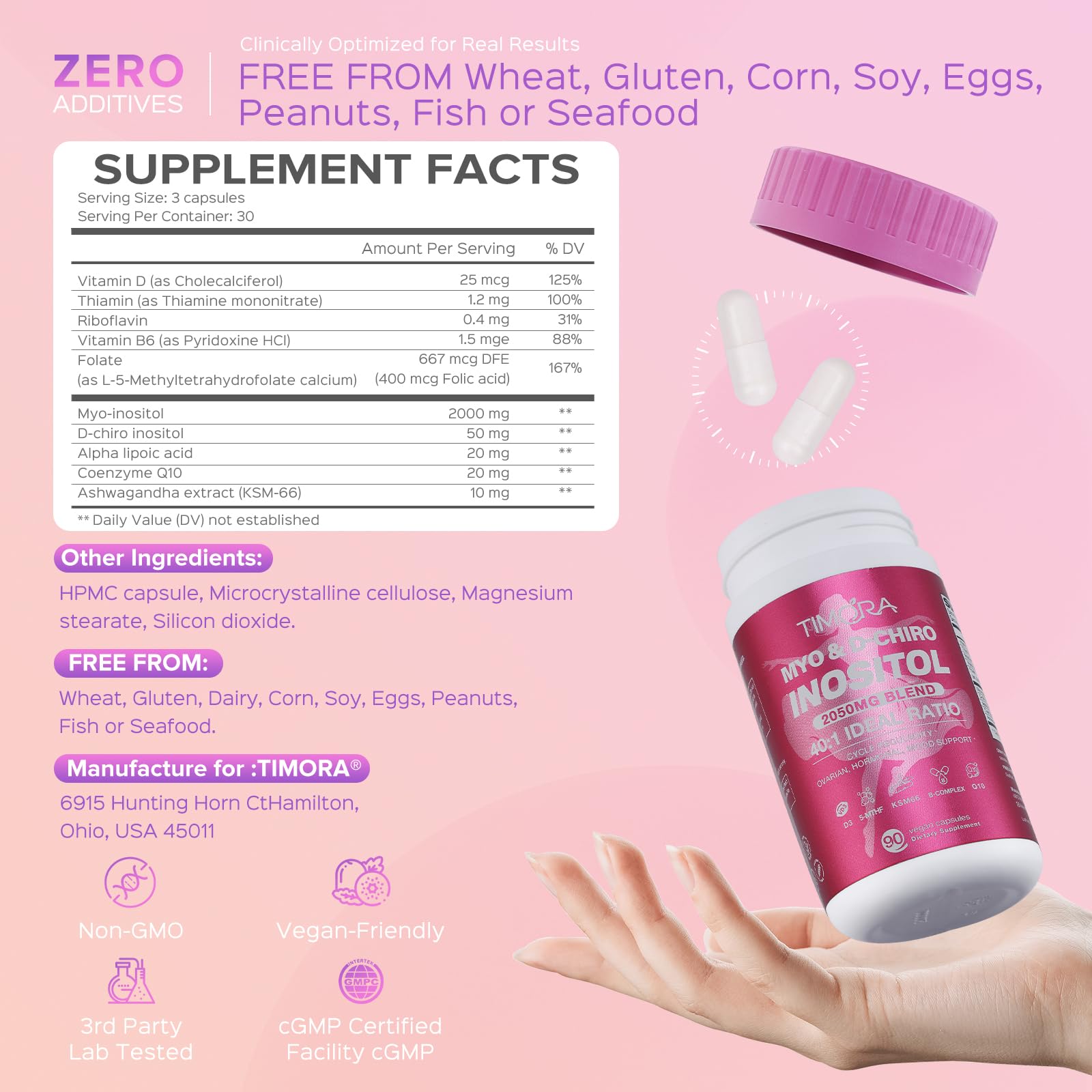 TIMORA B8 (Inositol) Supplement side view showing ingredients