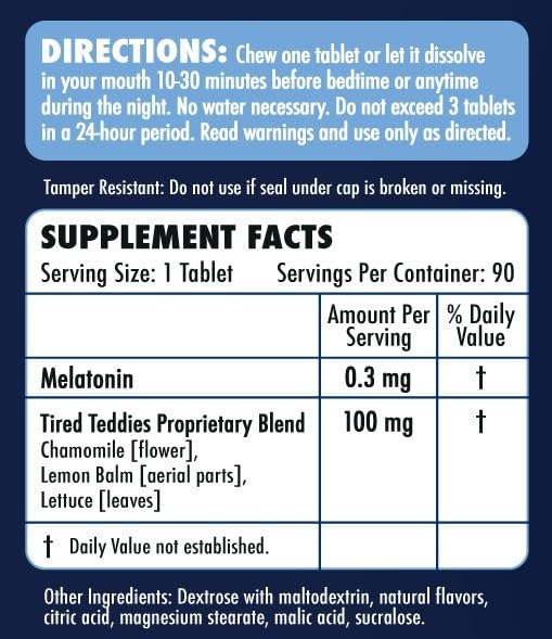 Tired Teddies Kids Chewable Melatonin on a bedside table