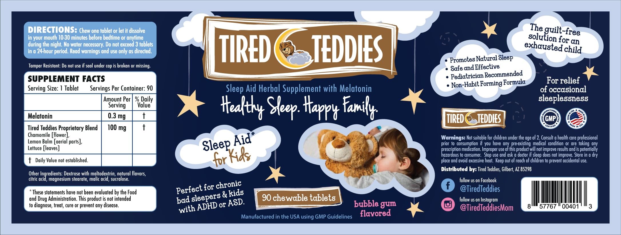 Tired Teddies Kids Chewable Melatonin with chamomile and lemon balm ingredients