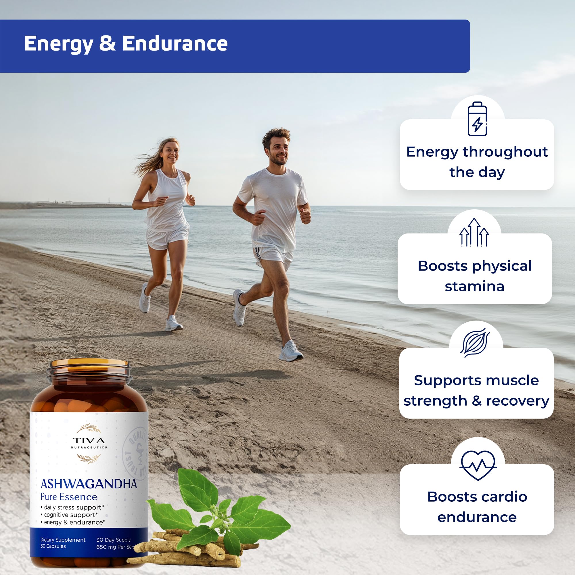 TIVA Nutraceutics Ashwagandha Capsules 650mg on a wooden table