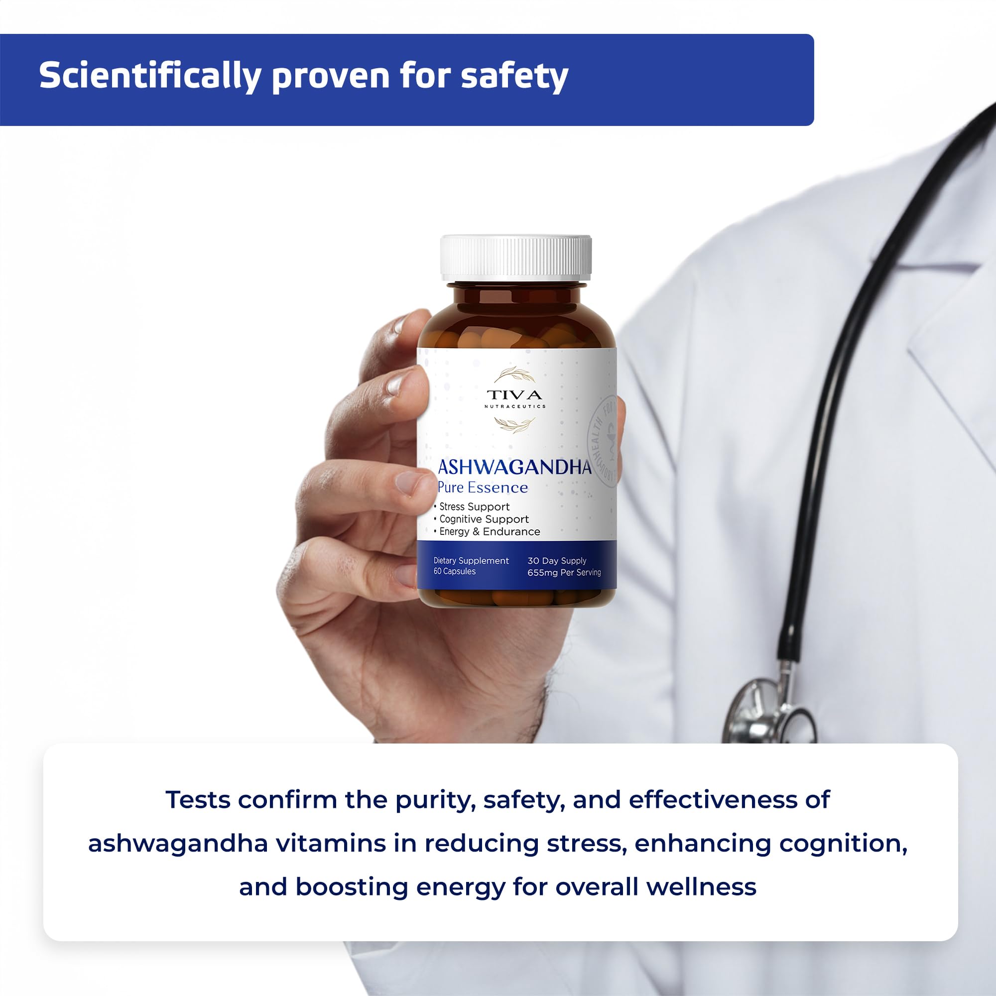 TIVA Nutraceutics Ashwagandha Capsules 650mg with measuring spoon