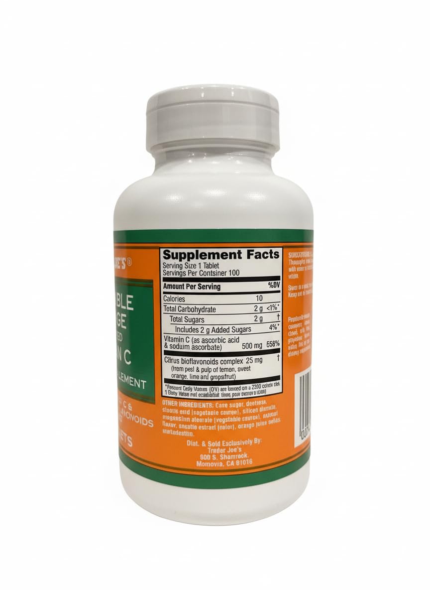 TJ's Chewable Orange Flavored Vitamin C packaging side view