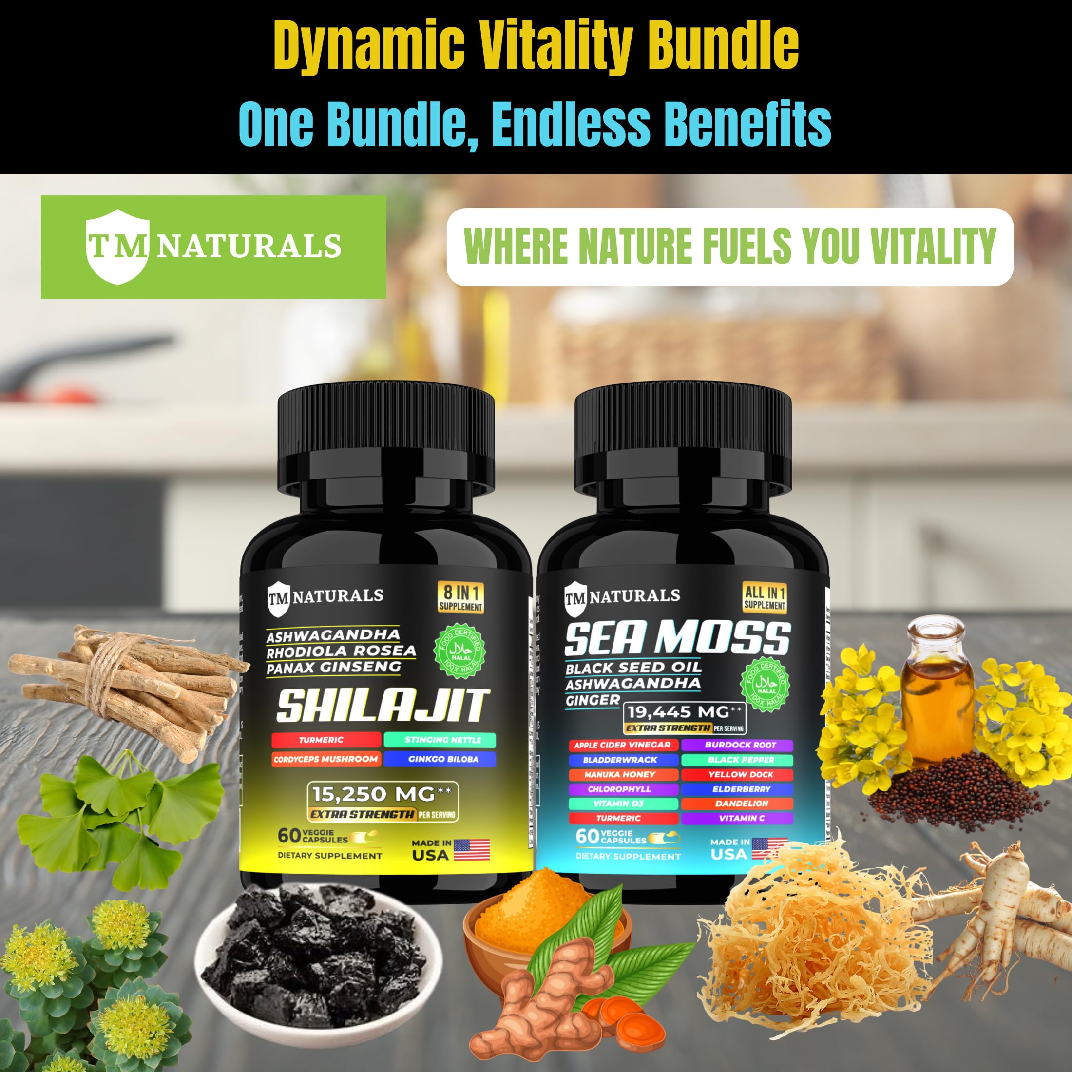 TM NATURALS Sea Moss & Shilajit Capsules on a wooden table