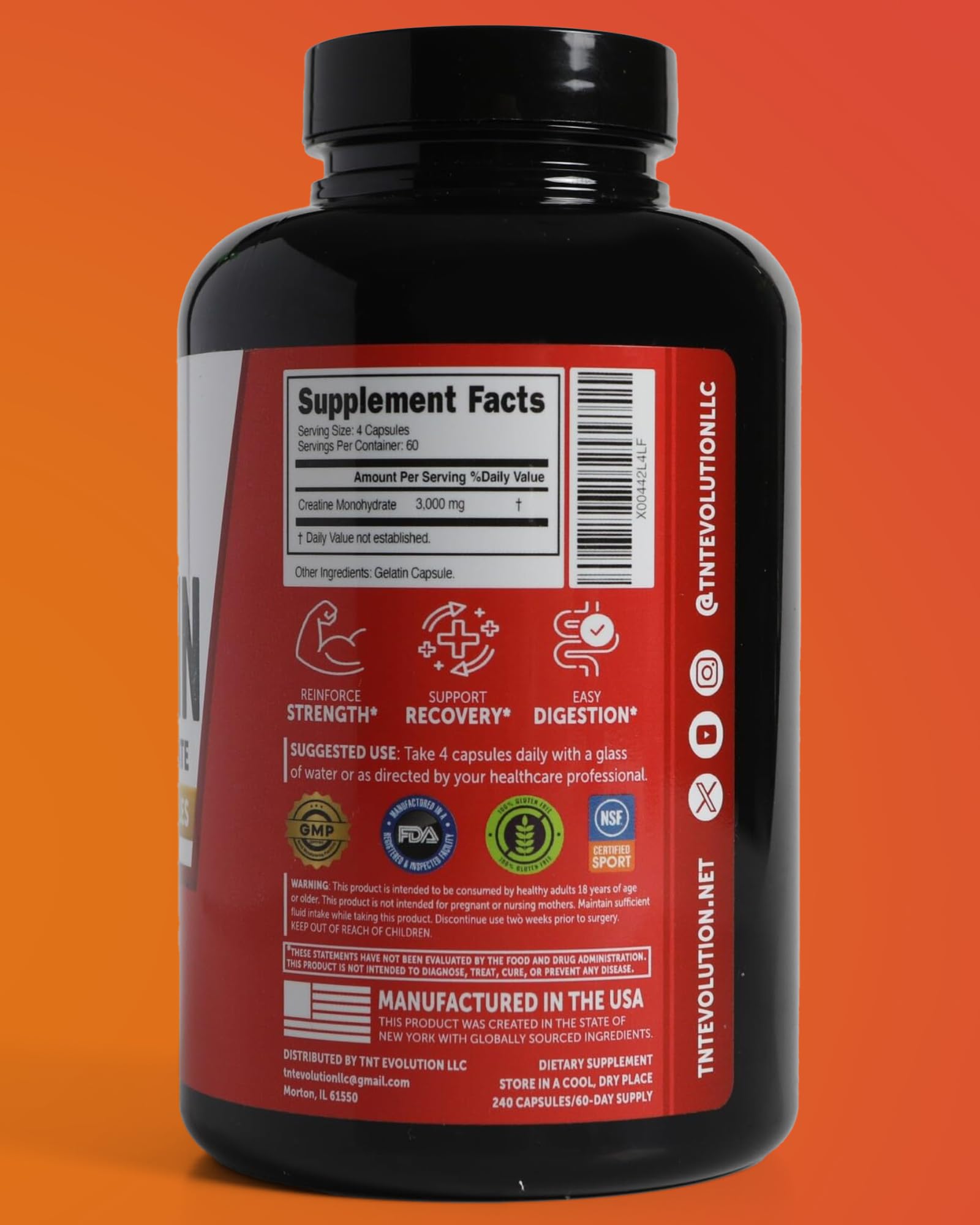 TNT Evolution Creatine Monohydrate Capsules in travel pouch