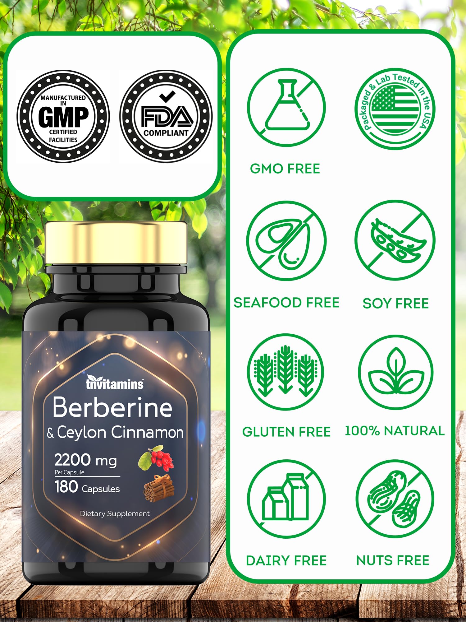 tnvitamins Berberine with Ceylon Cinnamon supplement nutritional information