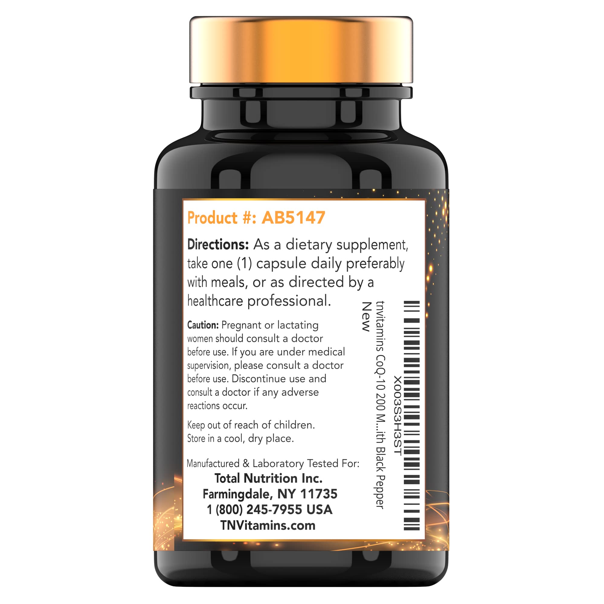 tnvitamins CoQ10 200mg black pepper capsules in a hand