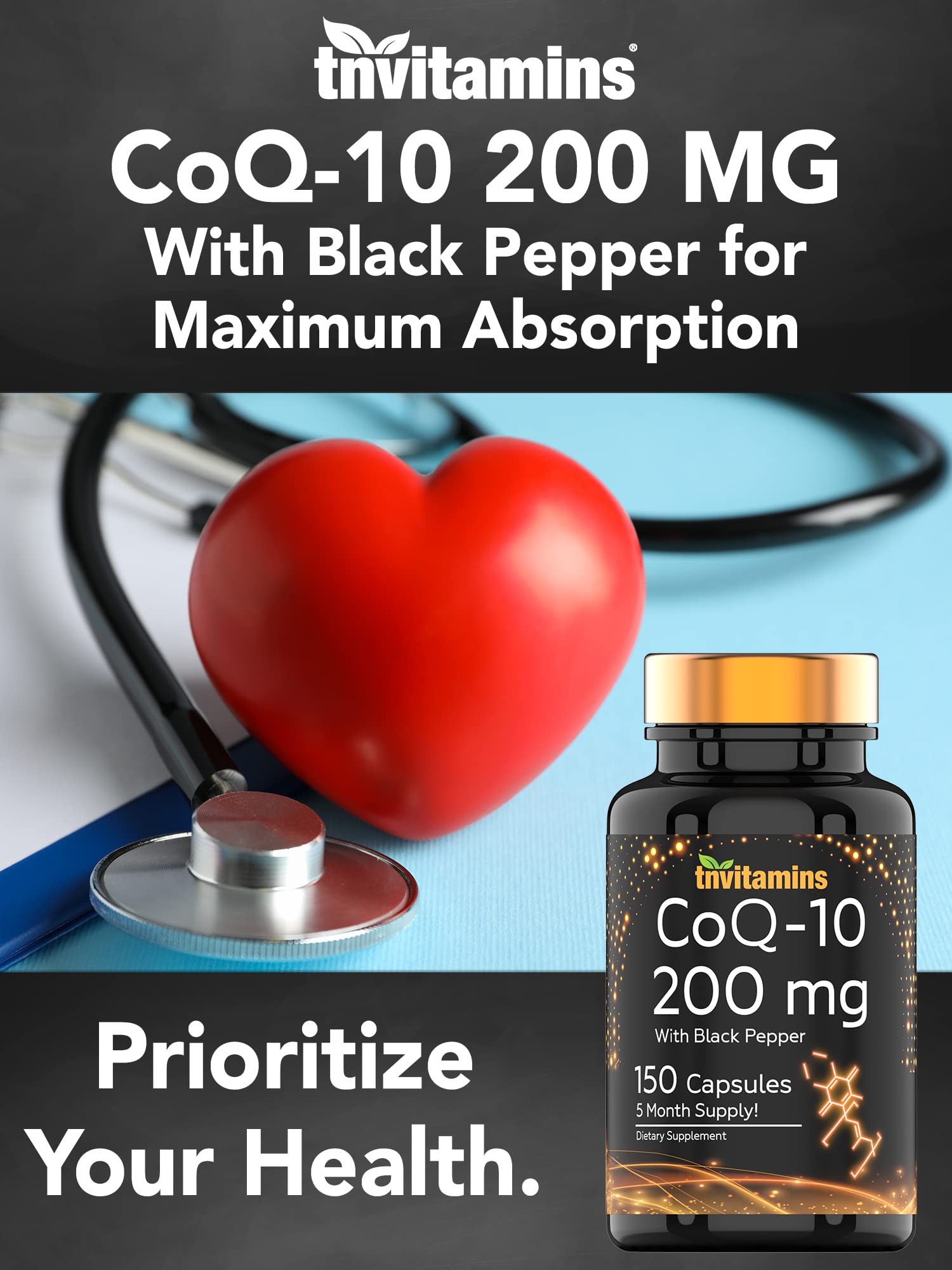 tnvitamins CoQ10 200mg black pepper capsules on a wooden table