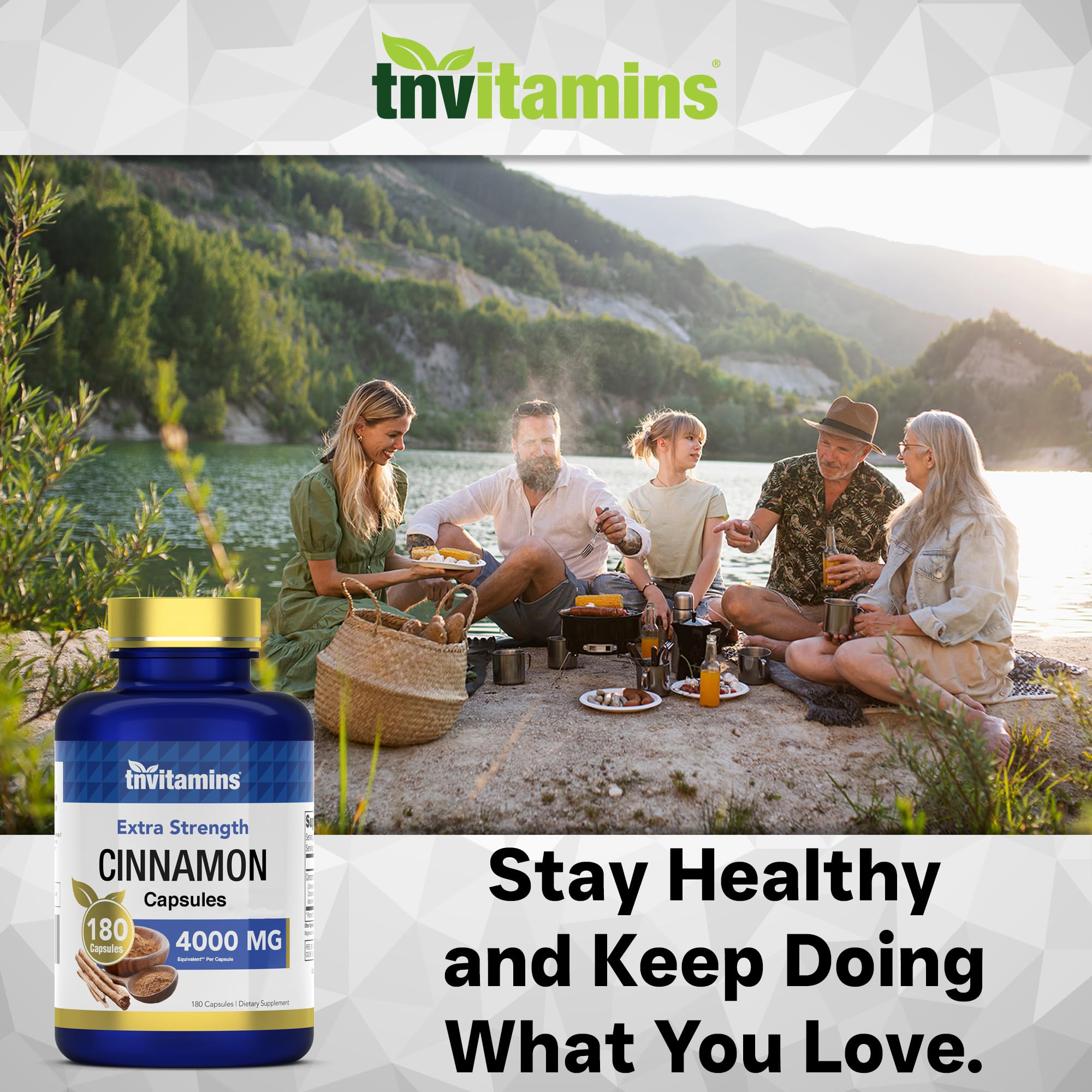 tnvitamins Extra Strength Cinnamon Capsules lifestyle scene with healthy foods