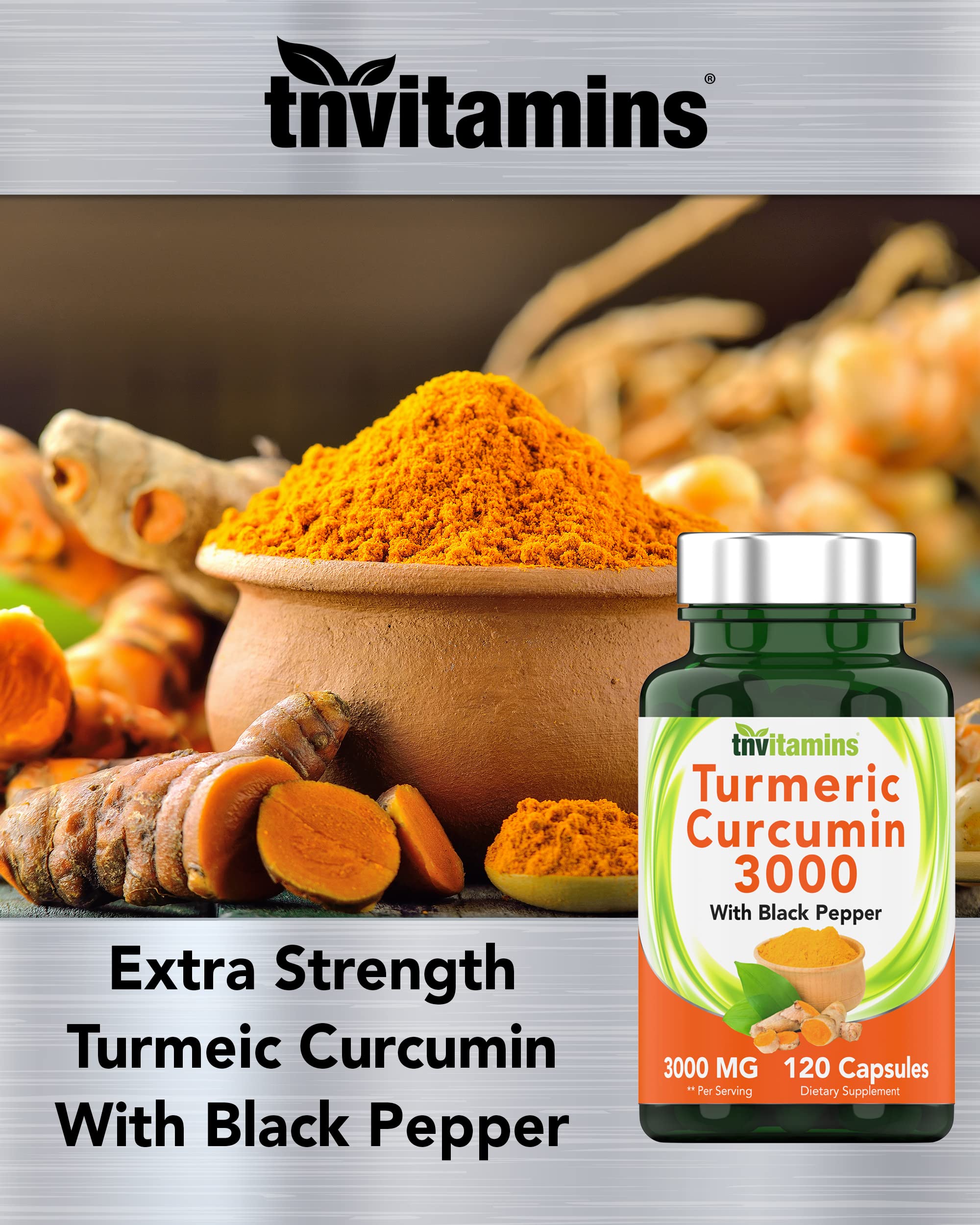 tnvitamins Extra Strength Turmeric Curcumin Capsules with Black Pepper close-up