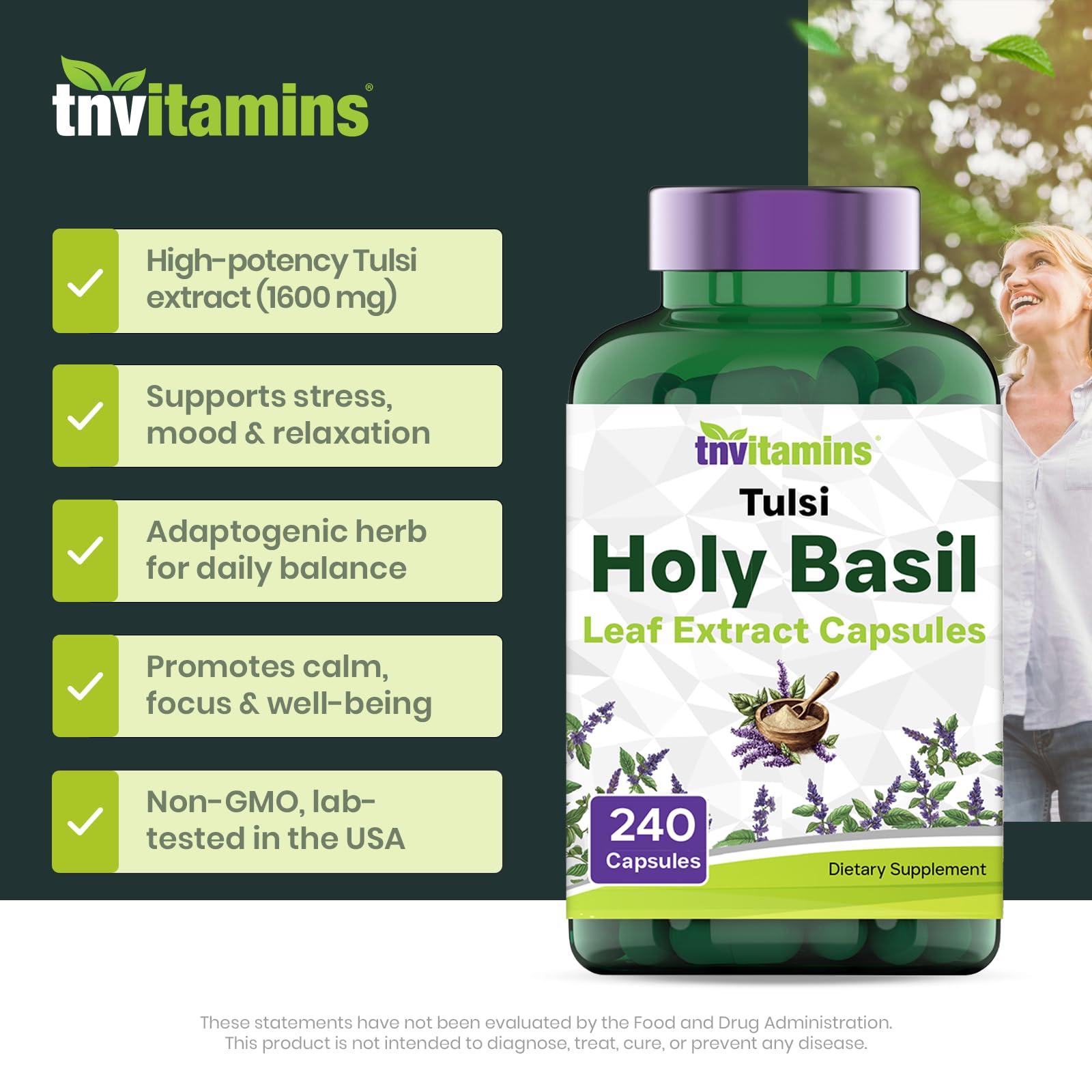 tnvitamins Holy Basil Capsules bottle with label