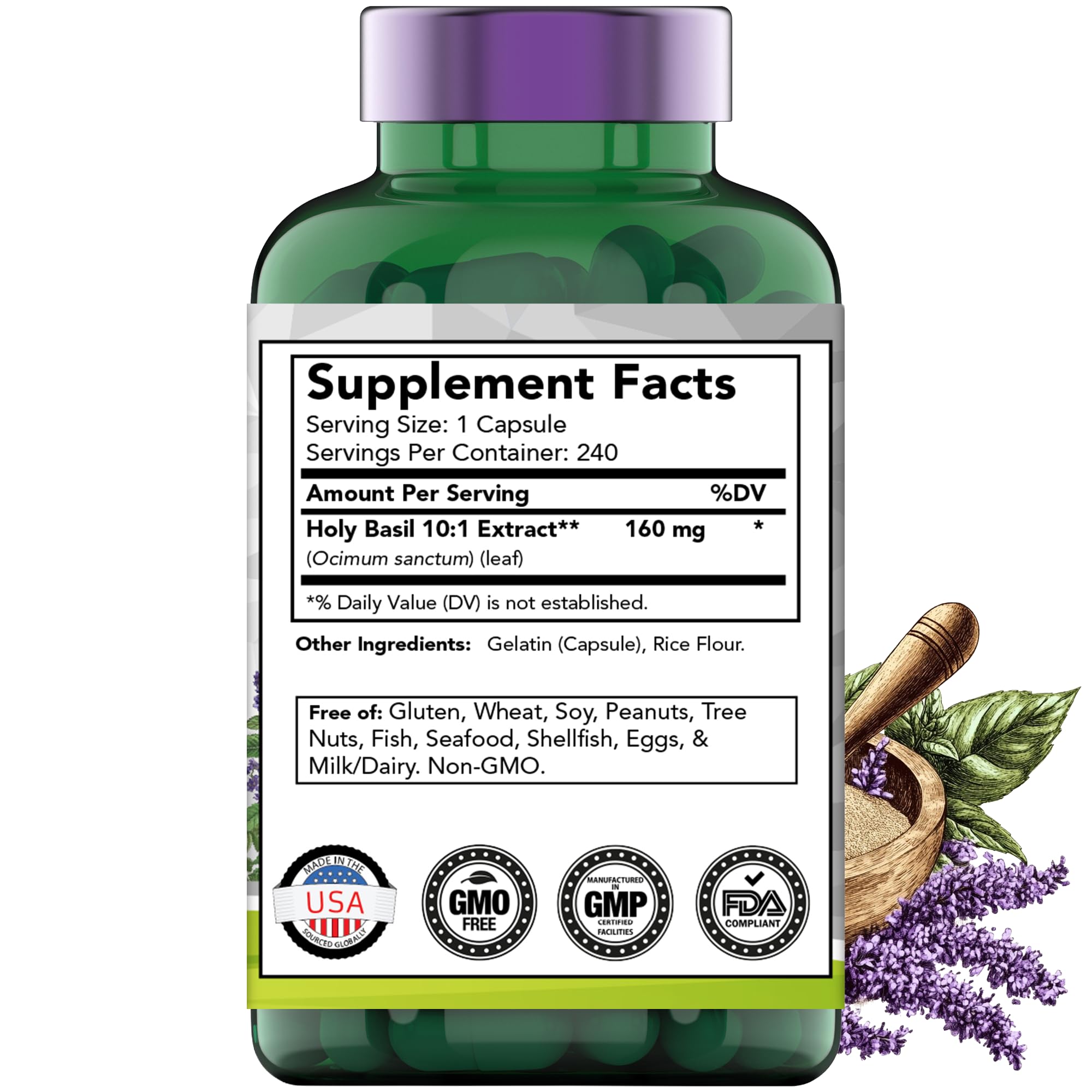 tnvitamins Holy Basil Capsules on a wooden table