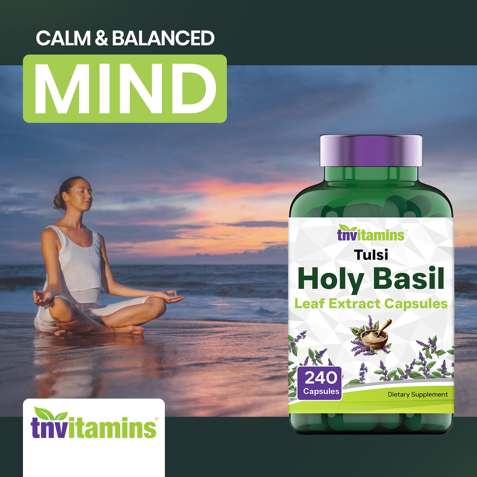 tnvitamins Holy Basil Capsules open bottle with capsules