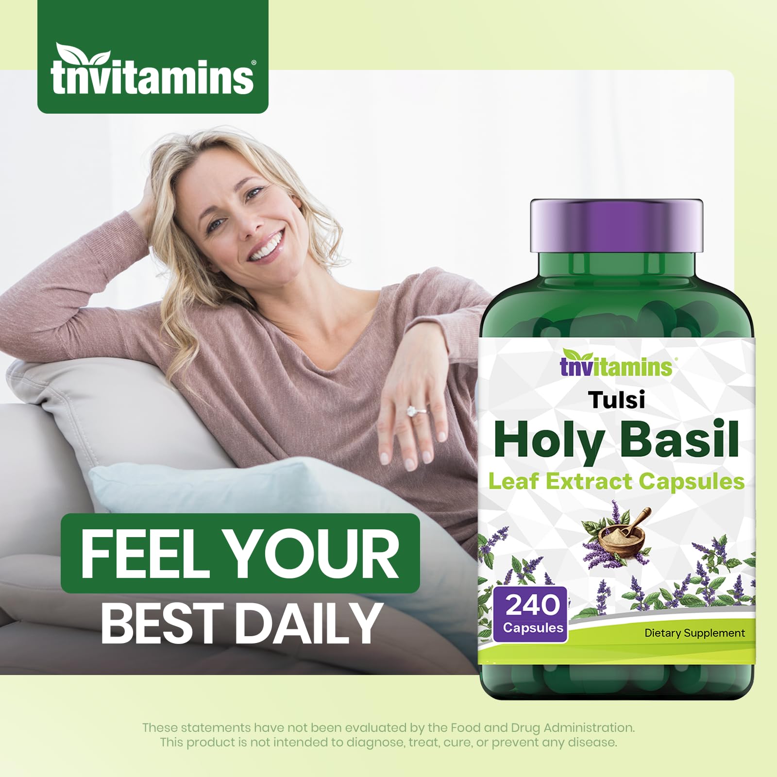 tnvitamins Holy Basil Capsules with herbal background