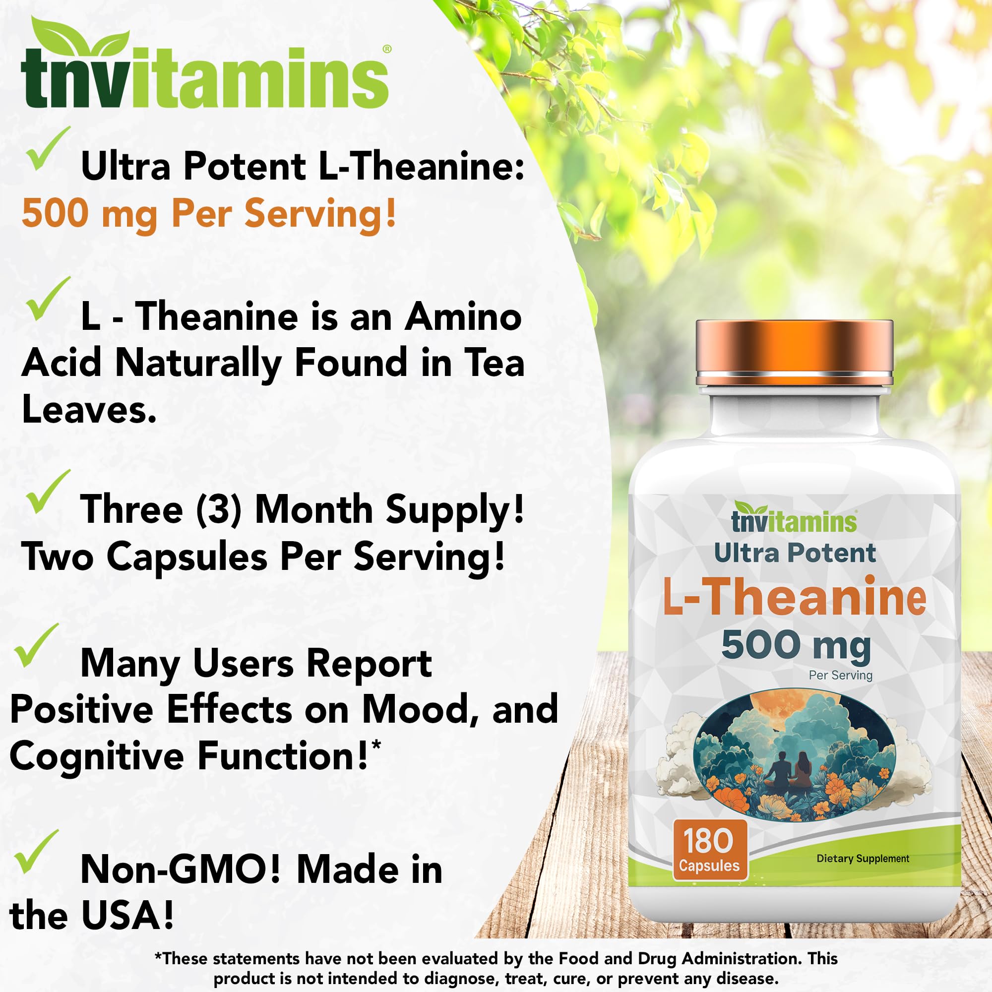 tnvitamins L-Theanine 500mg Capsules bottle with label