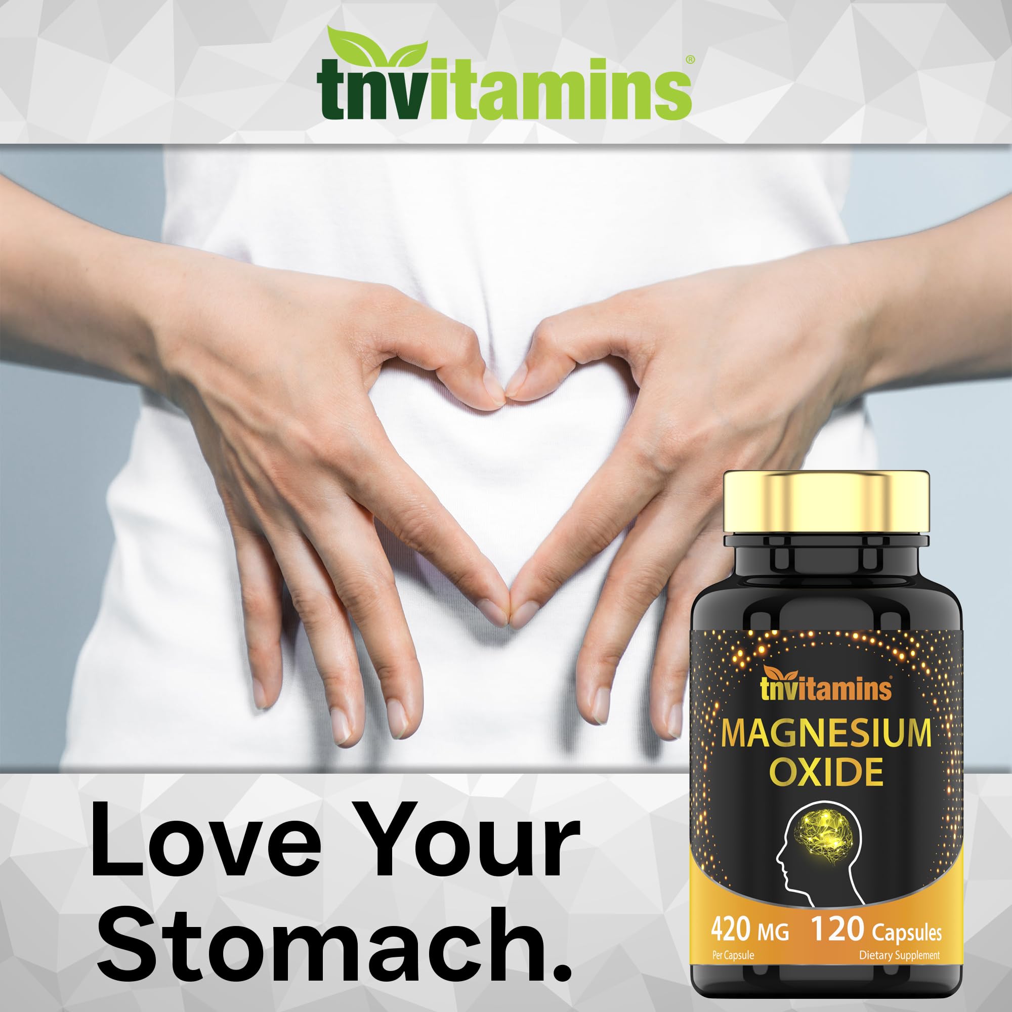 TNVitamins Magnesium Oxide 420 mg Capsules on a wooden table